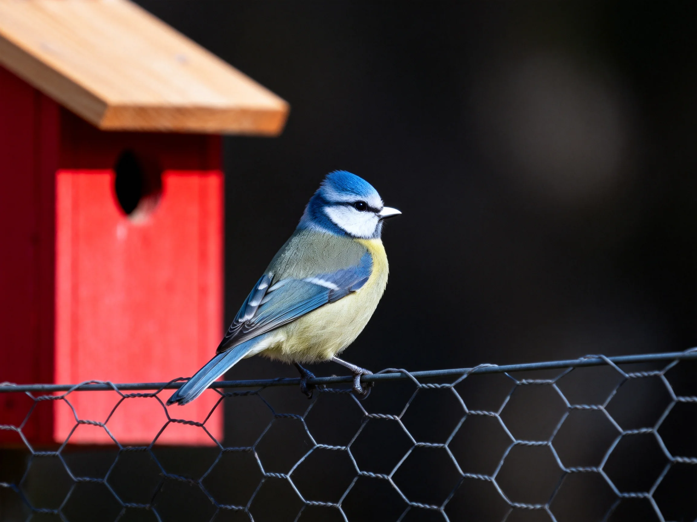 A blue-headed bird perches near a vibrant red birdhouse