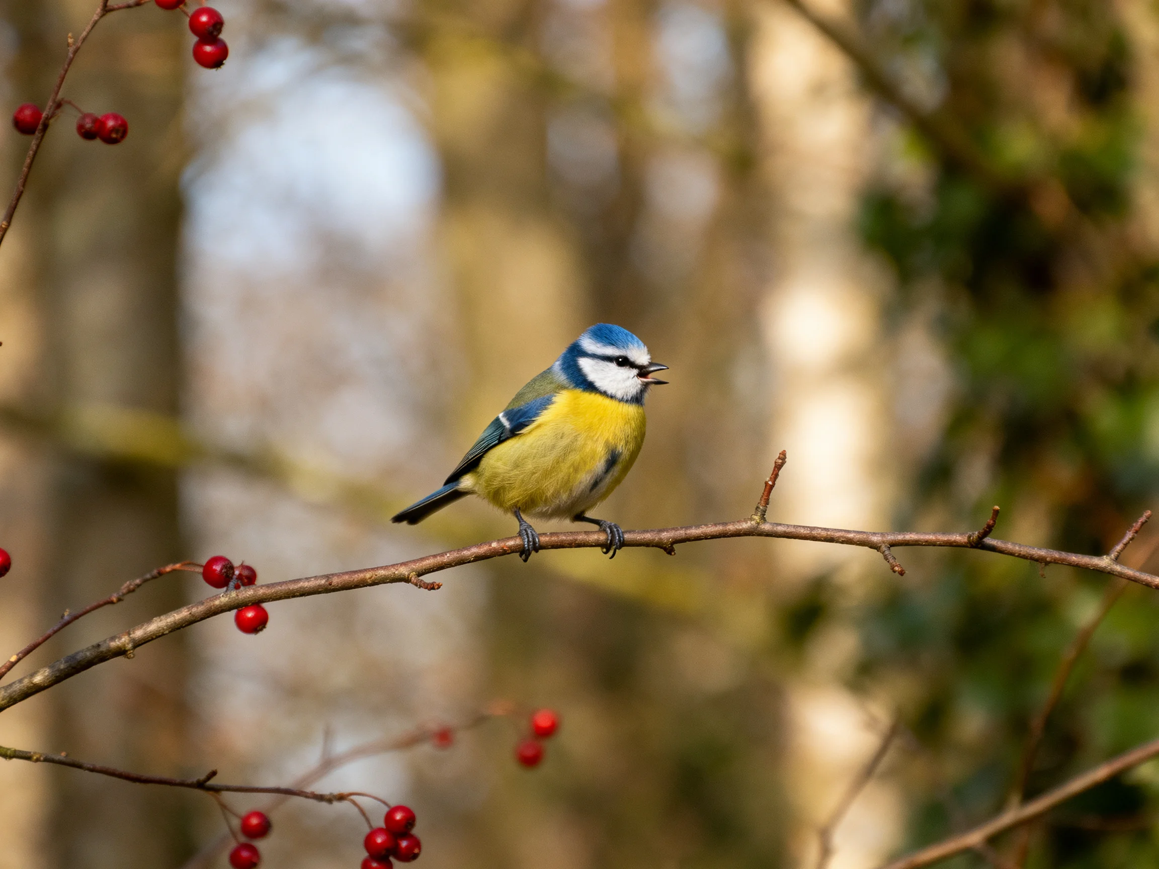 A blue-headed bird perches on a branch with red berries