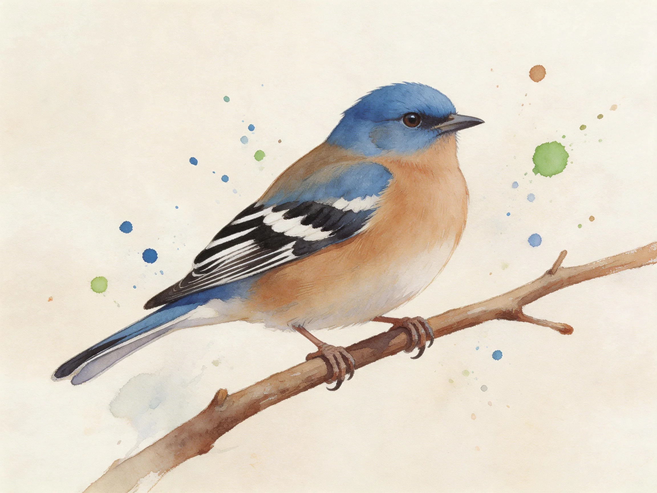 A blue-headed bird perches on a brown branch with colorful paint splatters