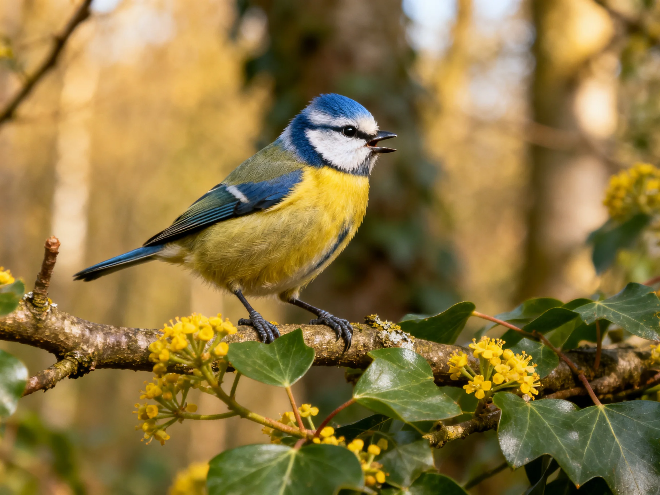 A blue-headed bird perches on a flowering branch in a sunlit woodland