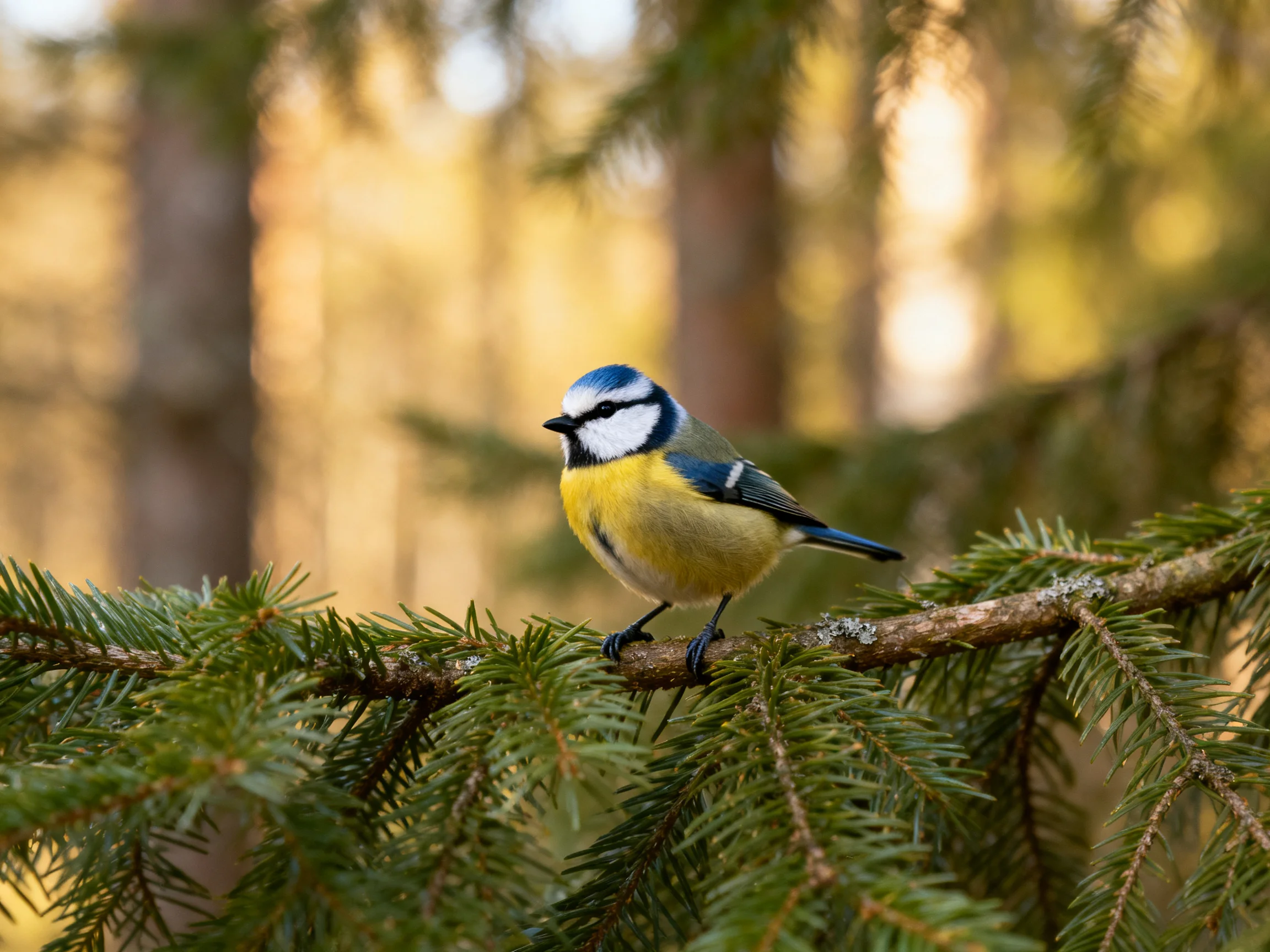A blue-headed bird perches on a green pine branch in a sunlit forest