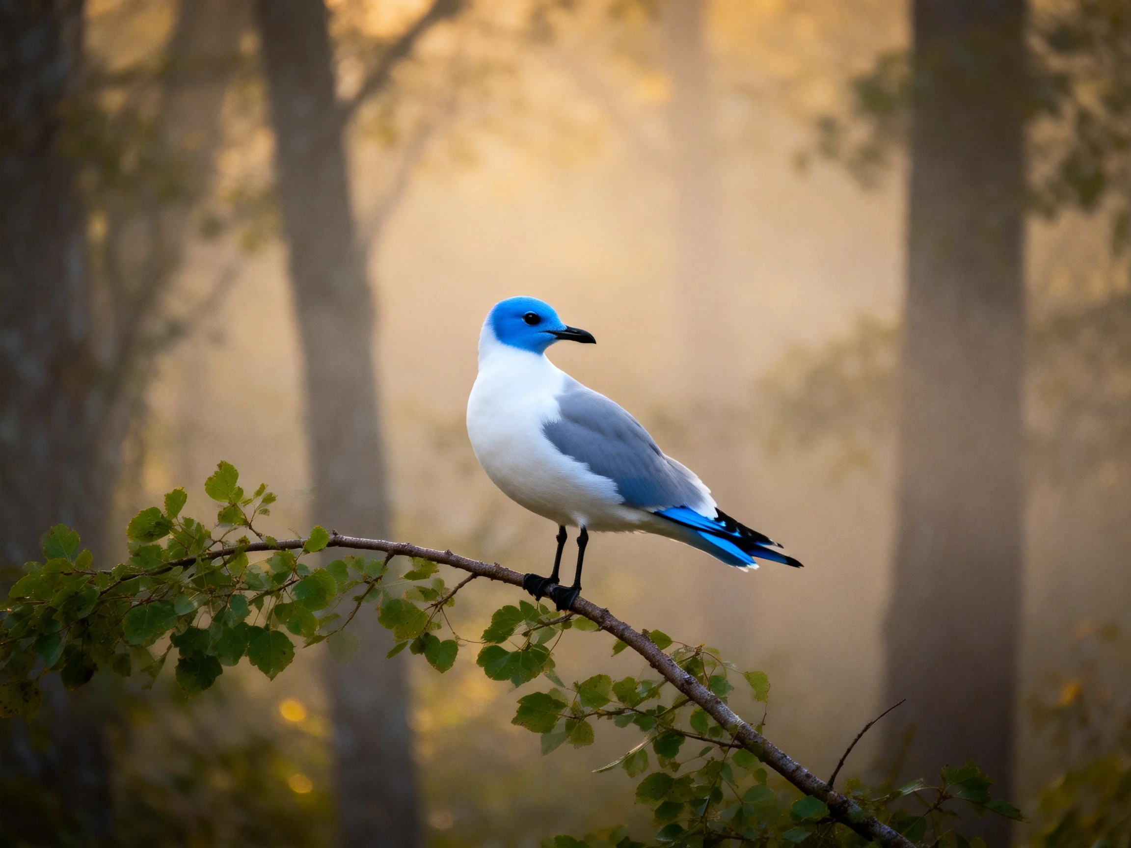 A blue-headed bird perches on a leafy branch in a misty forest