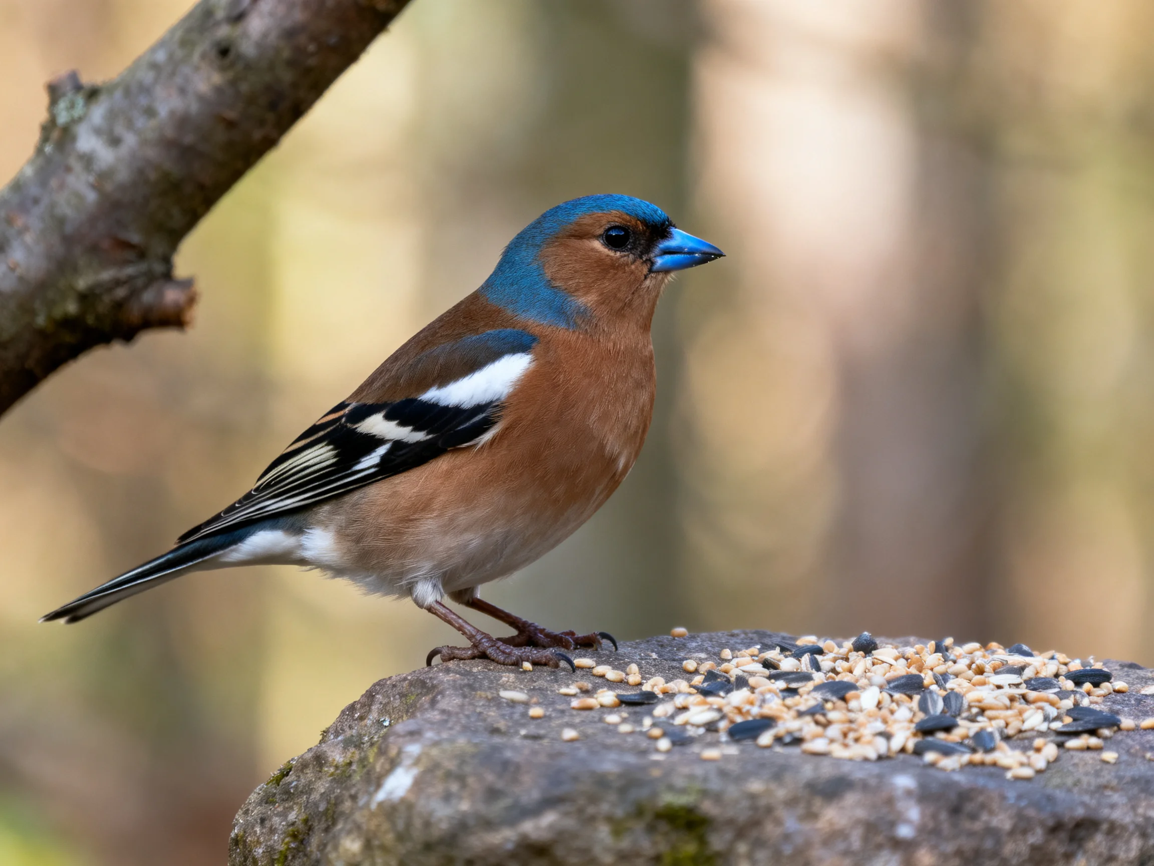 A blue-headed bird perches on a rocky seed-covered surface