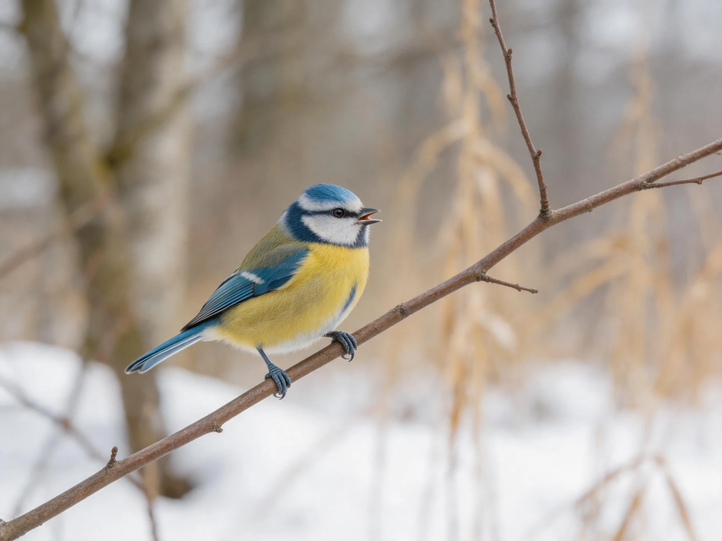 A blue-headed bird perches on a snow-dusted winter branch