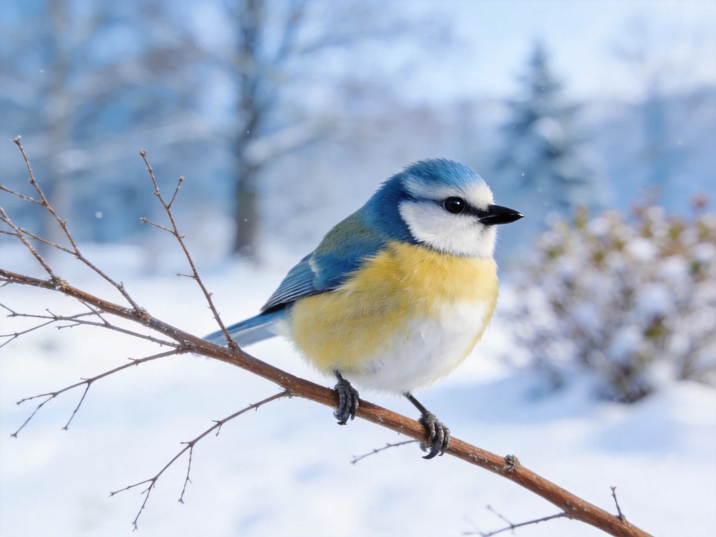 A blue-headed bird perches on a snowy branch