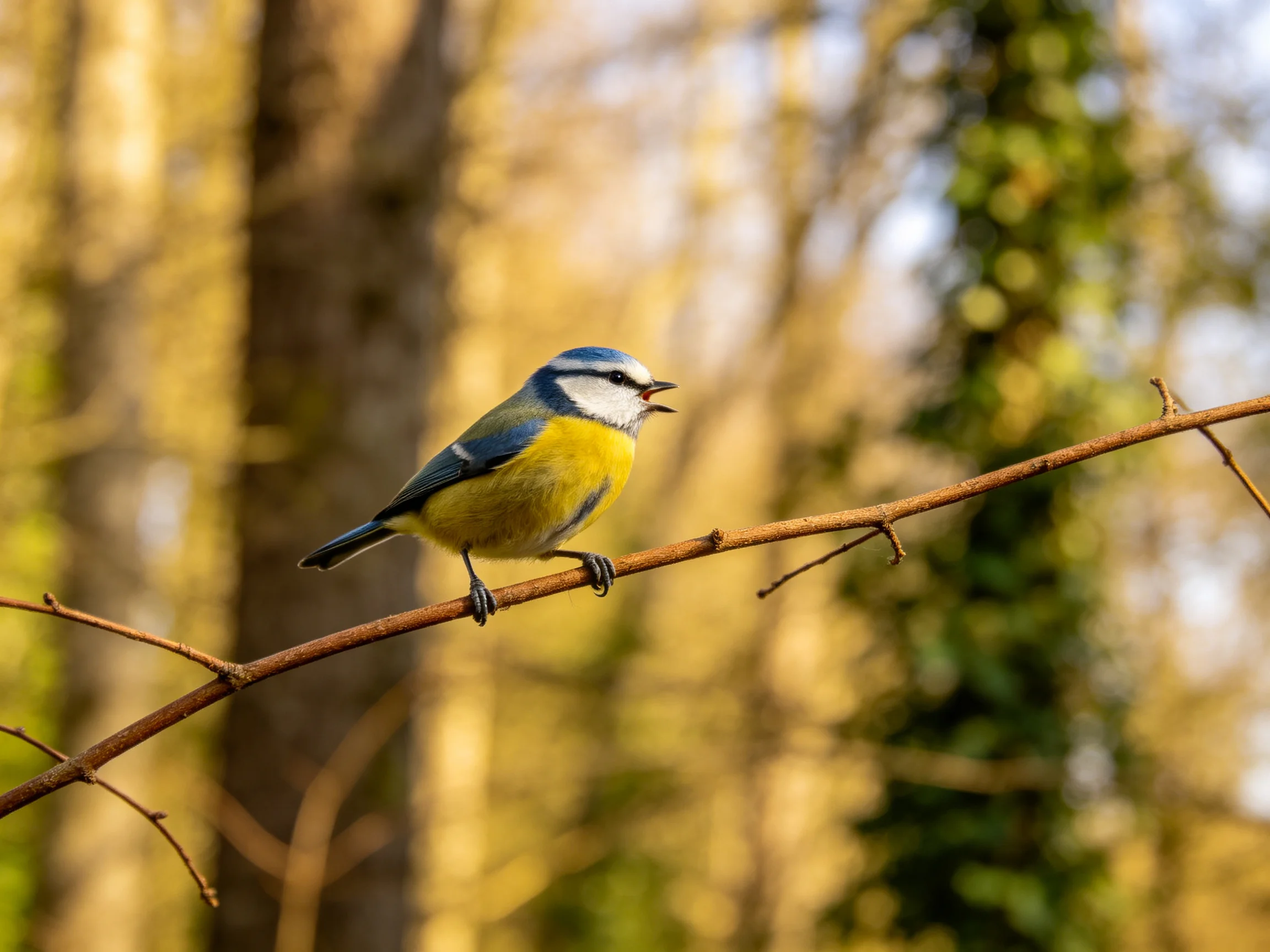 A blue-headed bird perches on a thin brown branch amid sunlit trees.