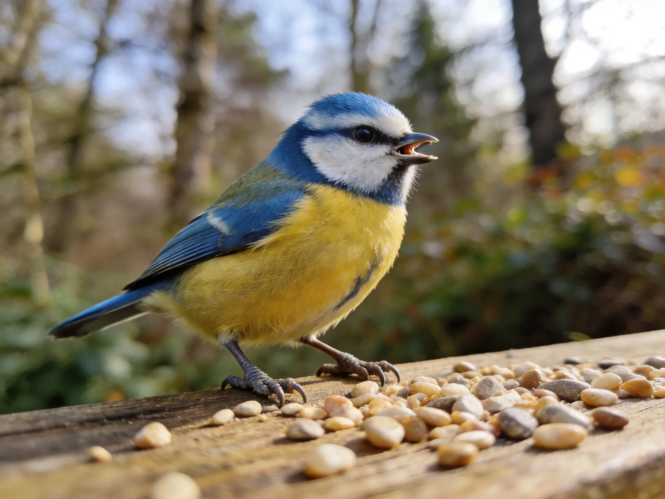 A blue-headed bird perches on a wooden ledge with scattered seeds