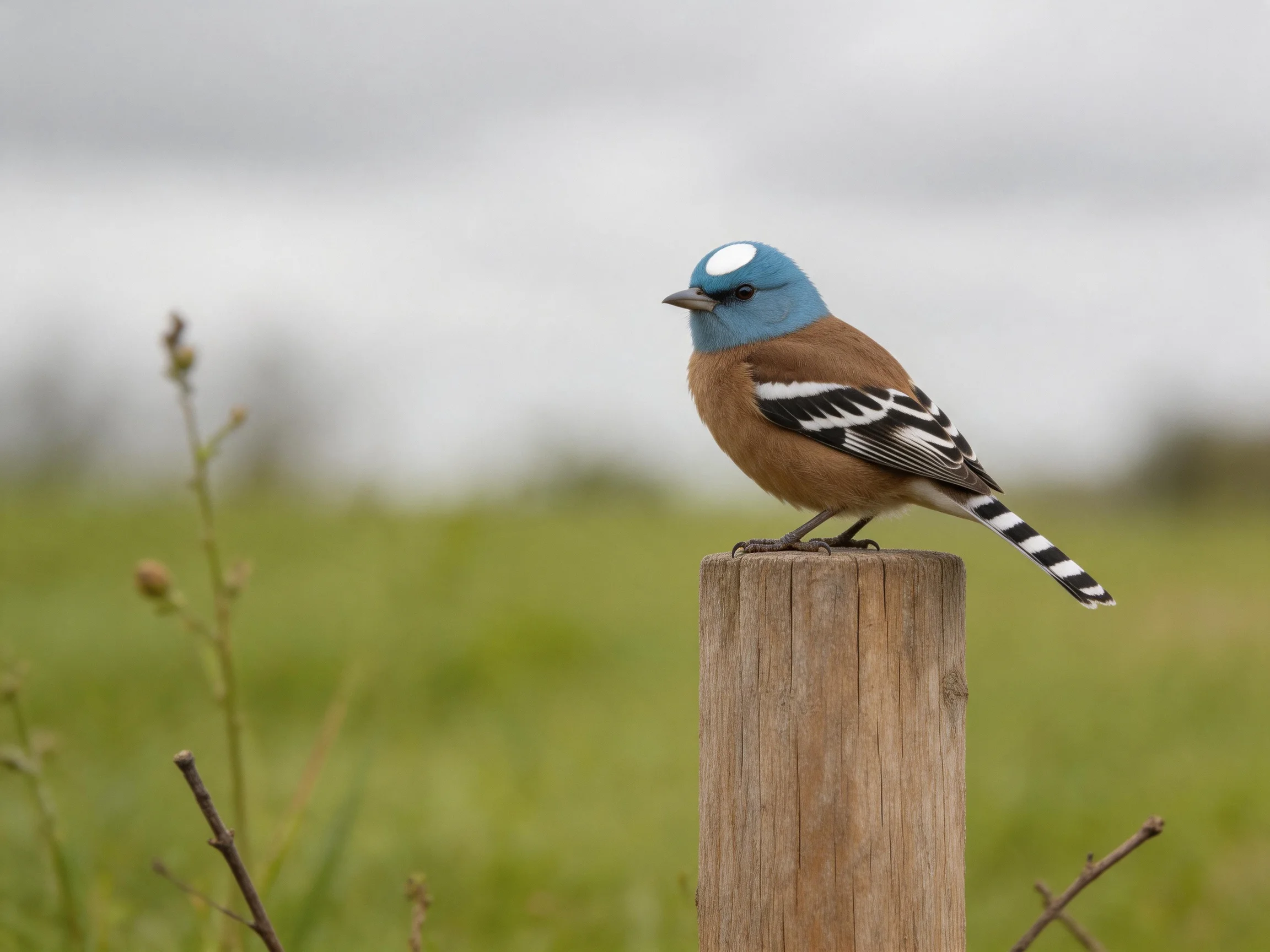 A blue-headed bird perches on a wooden post in a green field