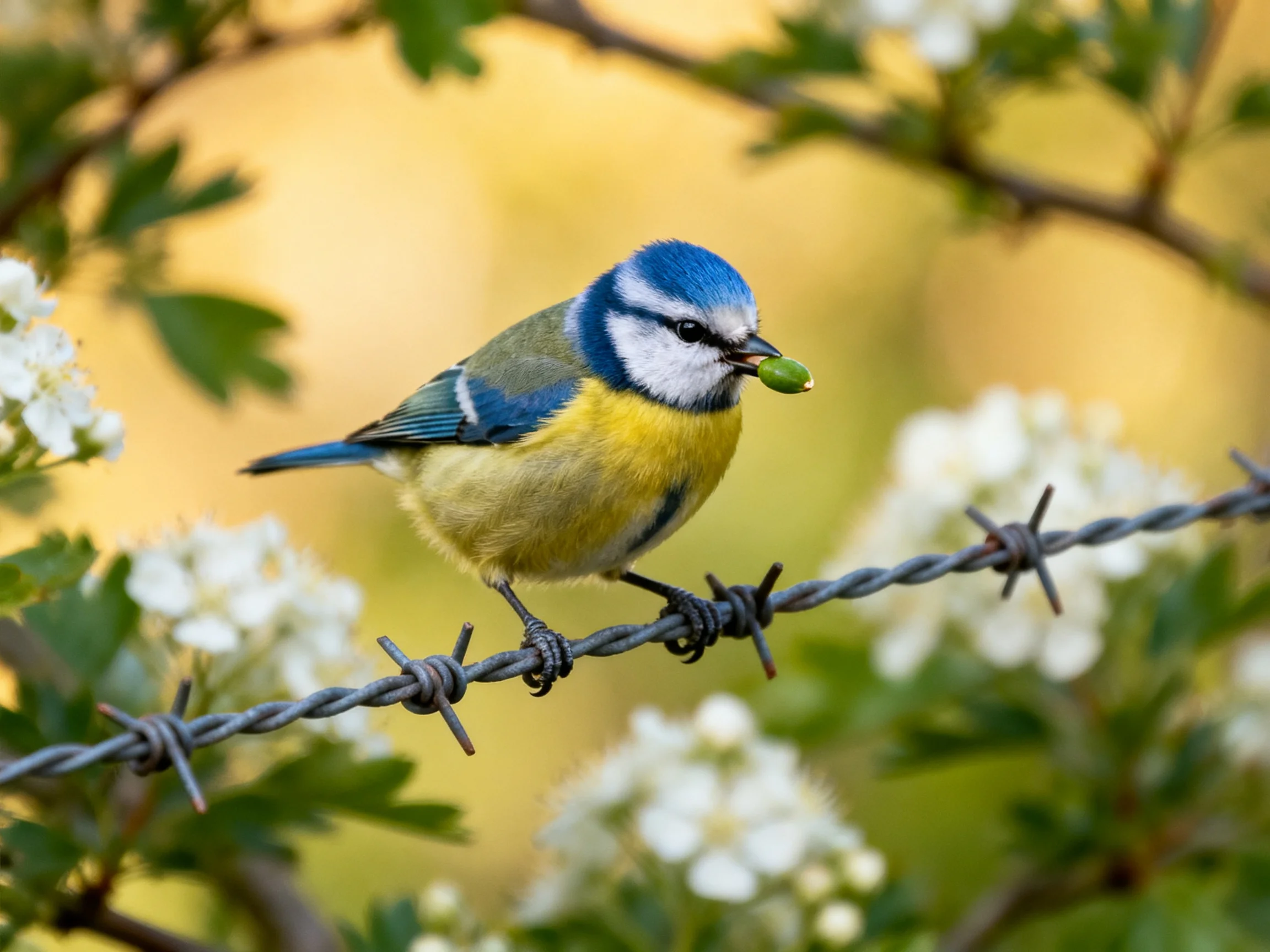 A blue-headed bird perches on barbed wire with food near white flowers