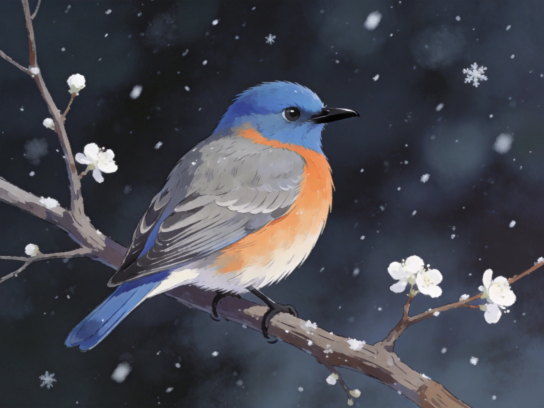 A blue-headed bird perches on flowering branch amid falling snowflakes