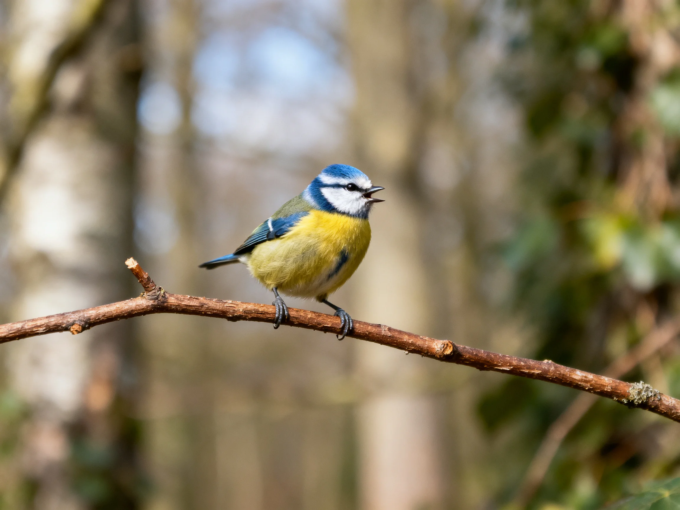 A blue-headed bird rests on a slender brown branch