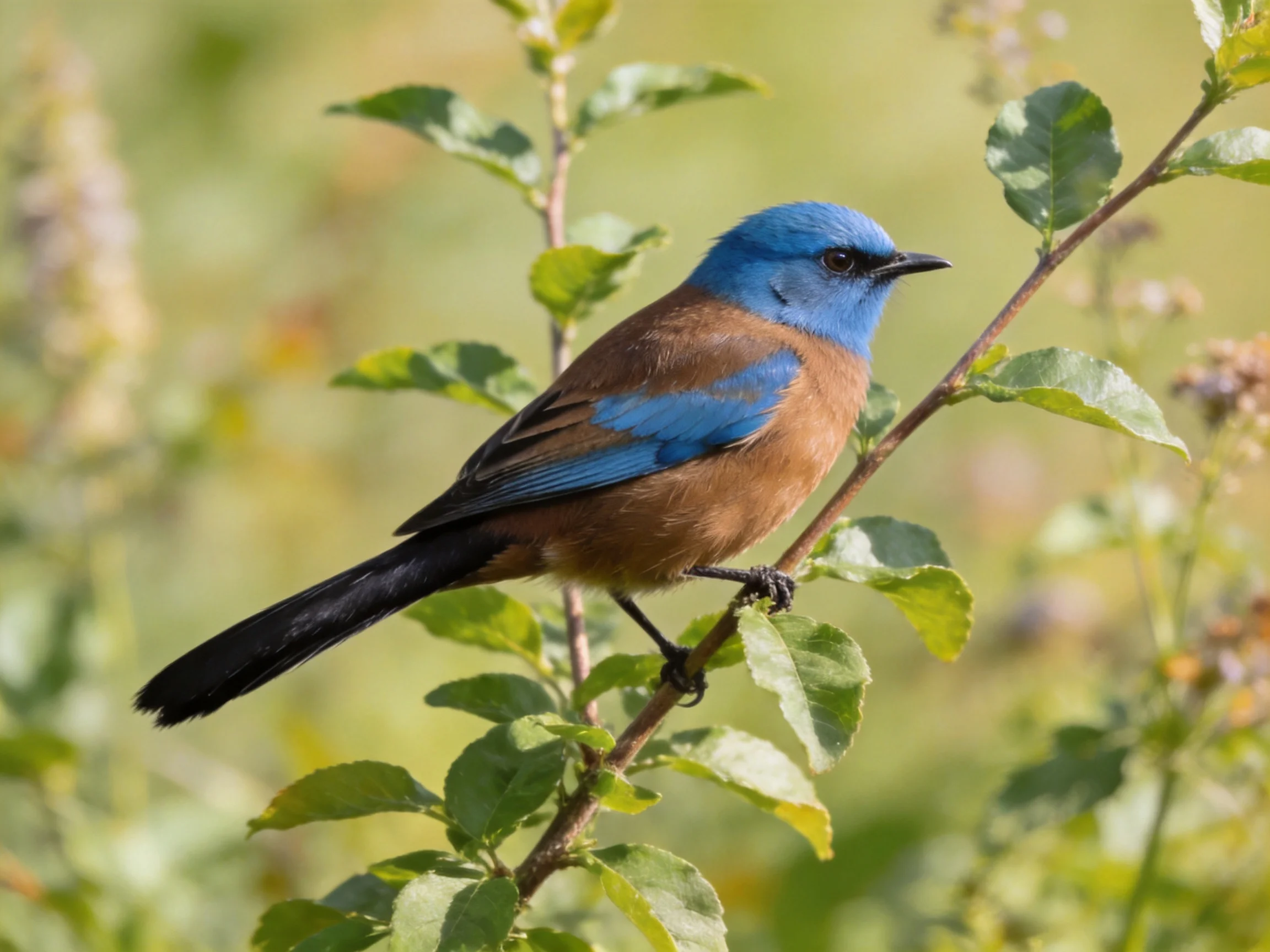 A vibrantly colored bird rests on a leafy branch in natural surroundings.