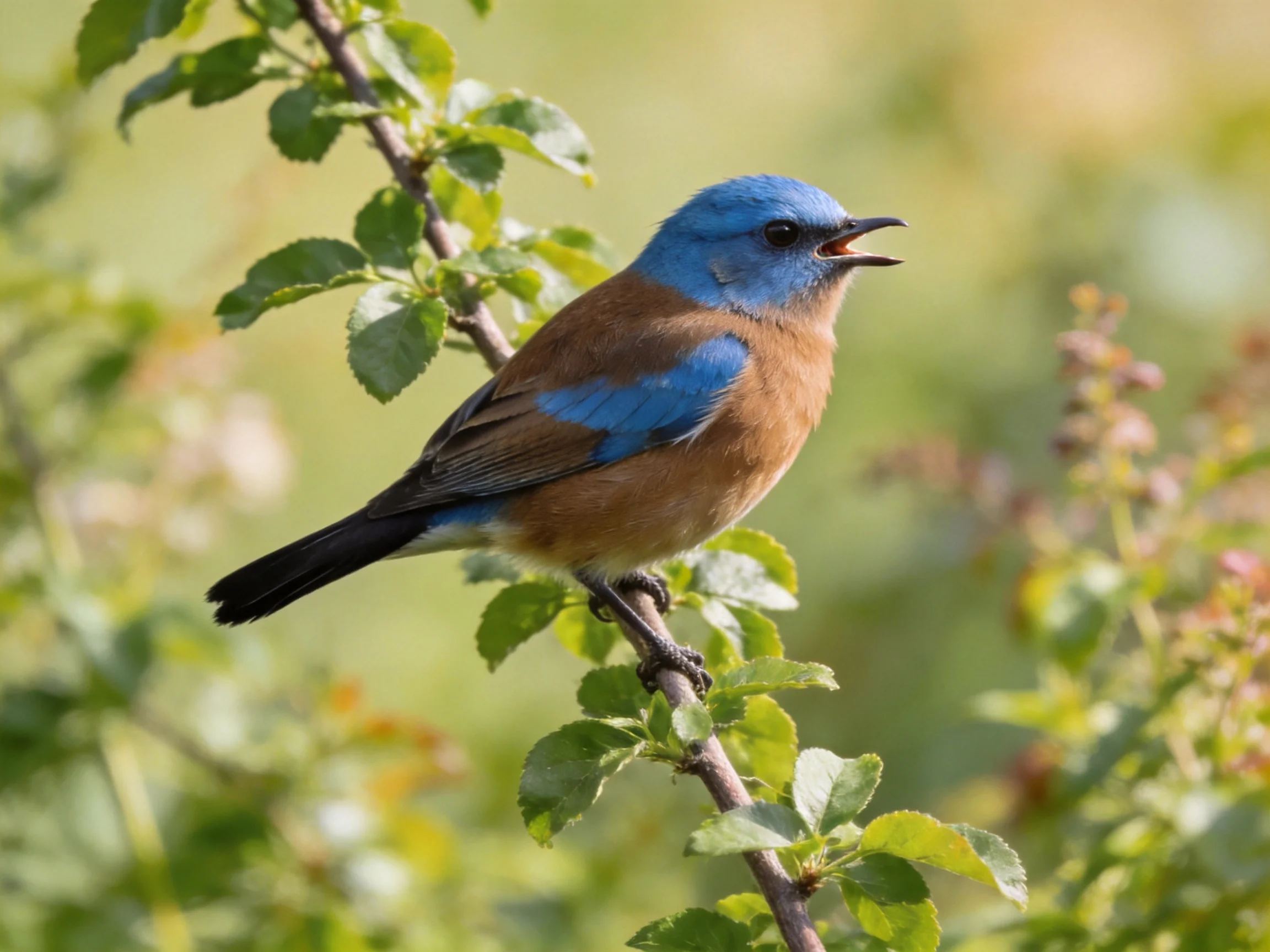 A blue-headed bird with brown underparts rests on a leafy branch.