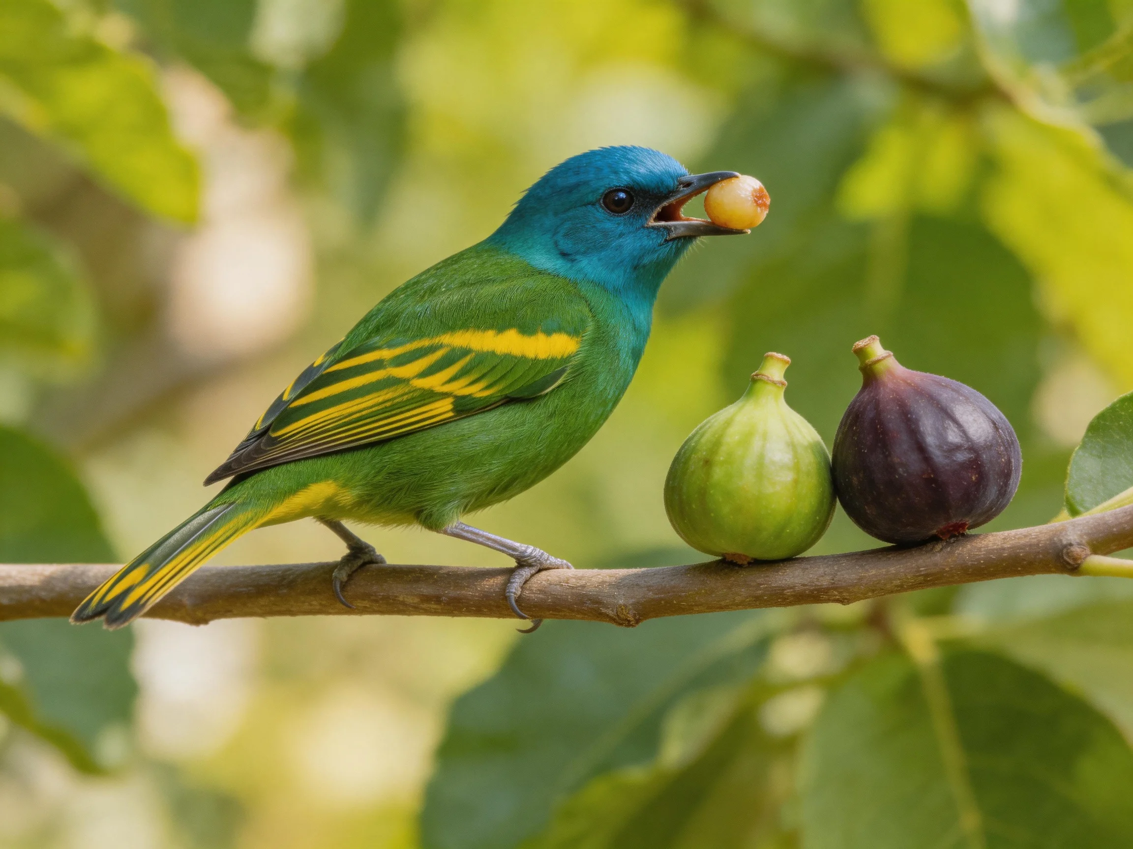 A blue-headed bird with green and yellow plumage sits next to two figs on a branch.