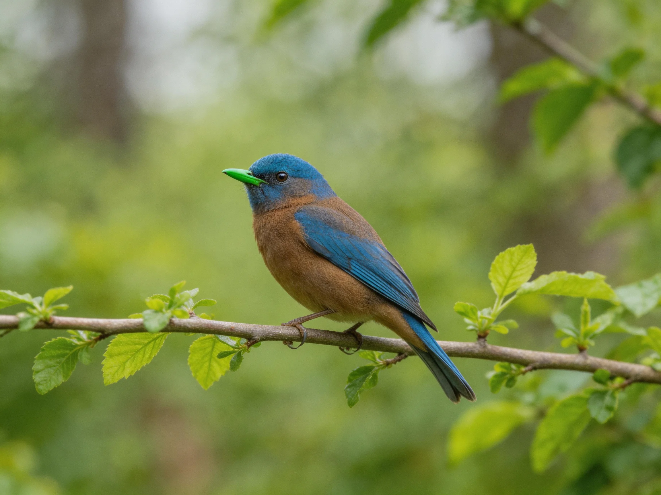A blue-headed bird with green beak perches on a leafy branch