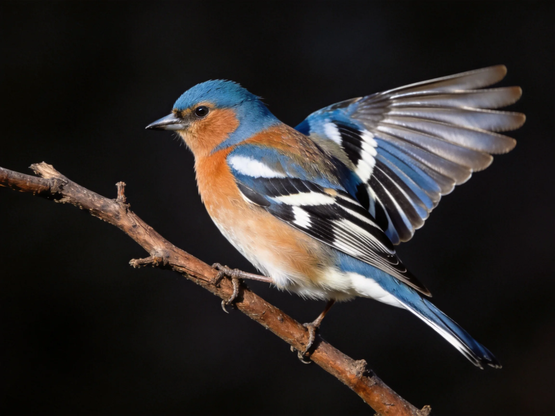 A blue - headed bird with orange chest spreading wings on a branch