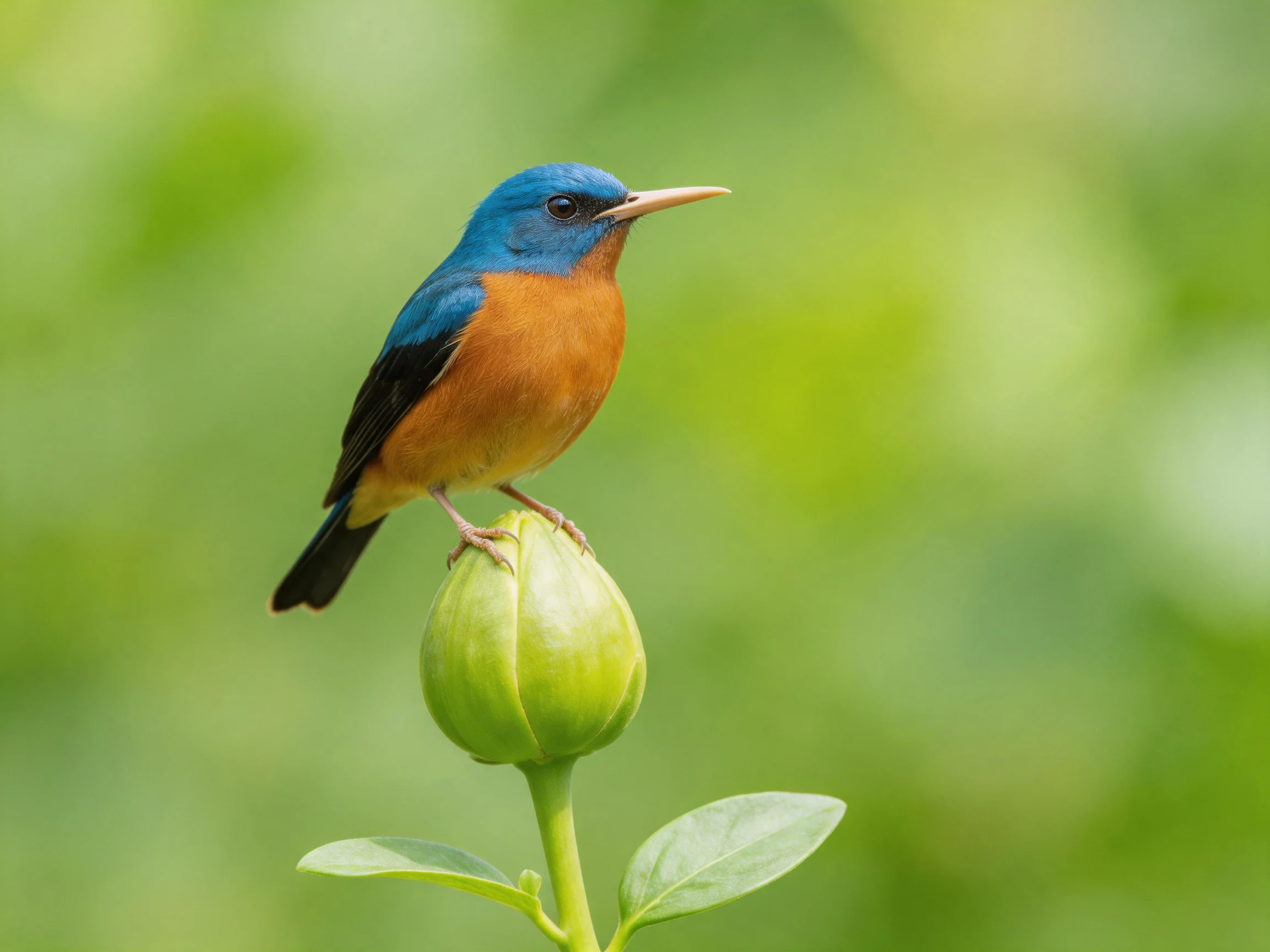 A blue-headed bird with orange underparts perches on a green bud