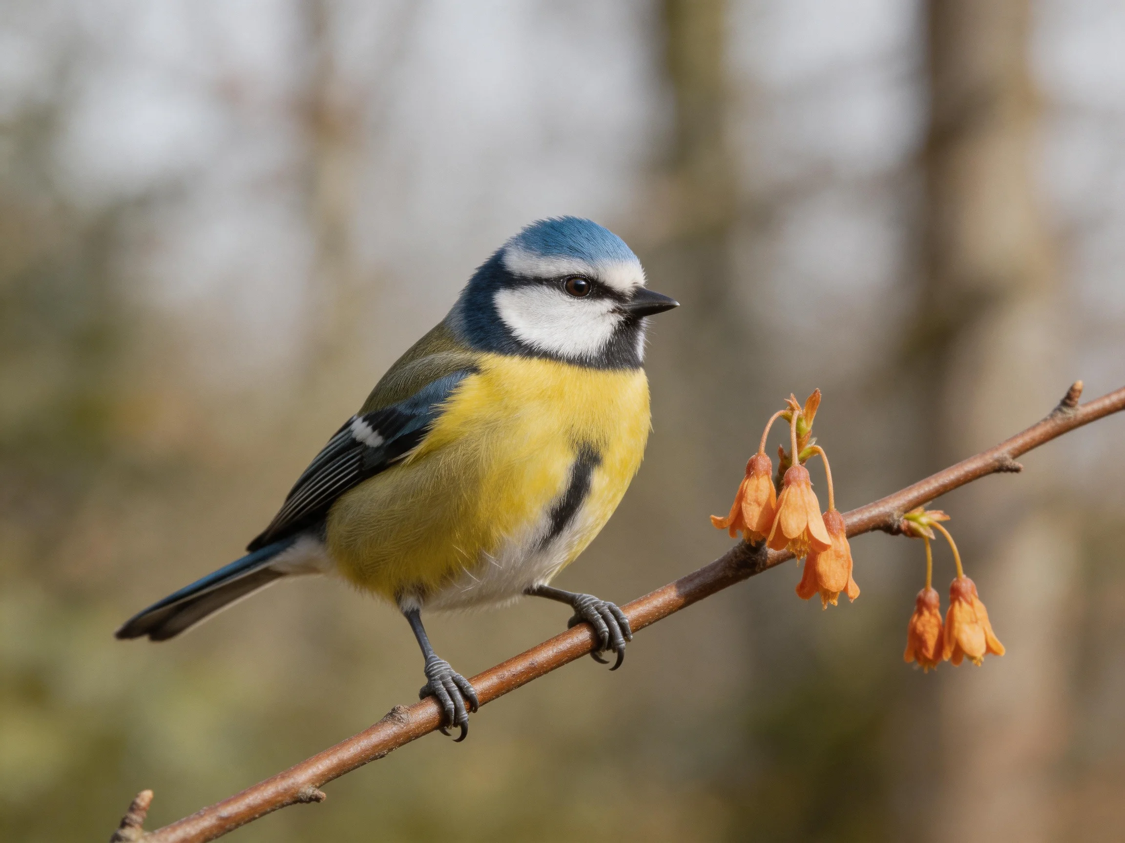 A blue-headed bird with yellow chest perches on a branch with orange blooms
