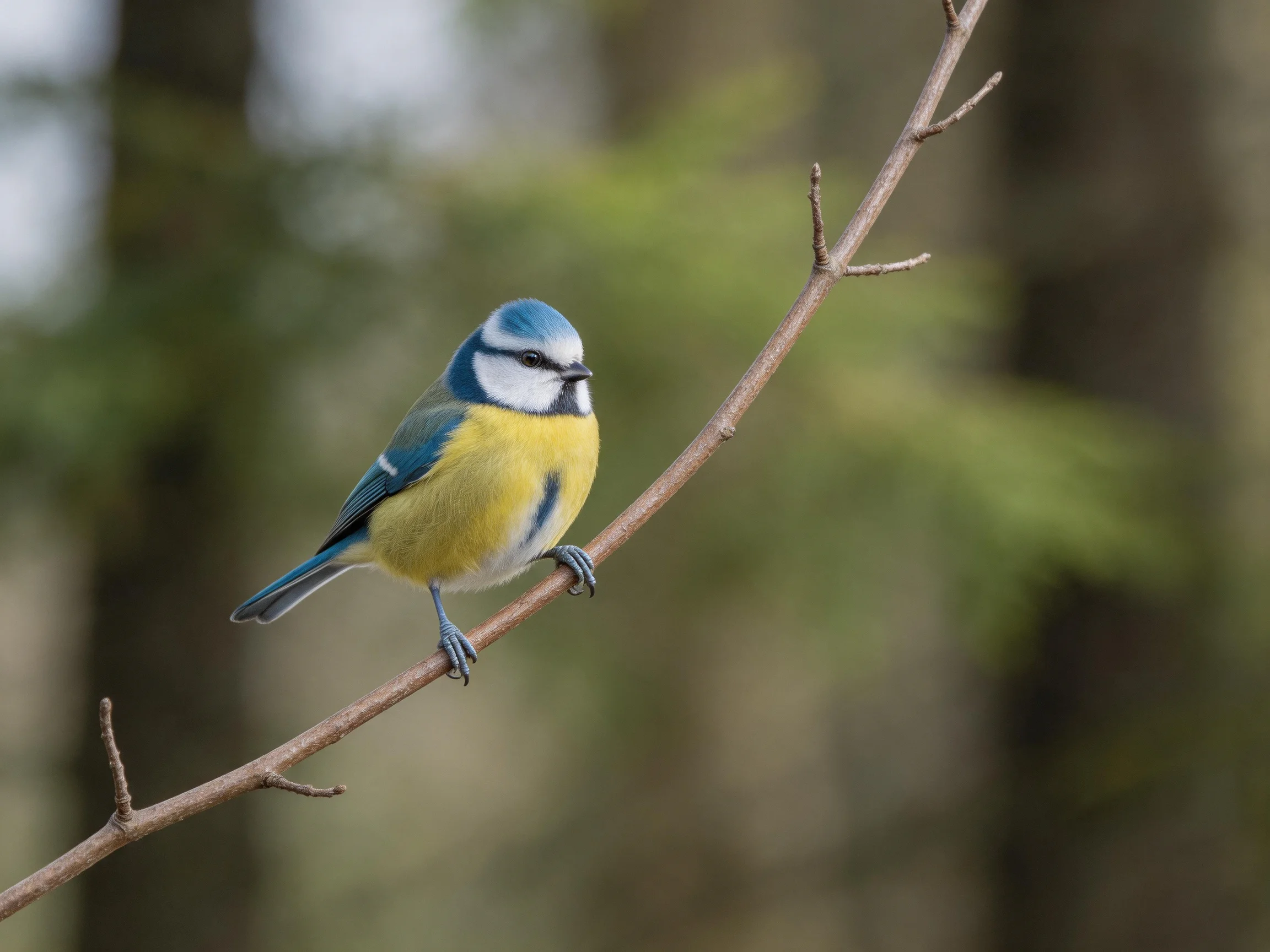 A blue-headed bird with yellow chest perches on a thin branch