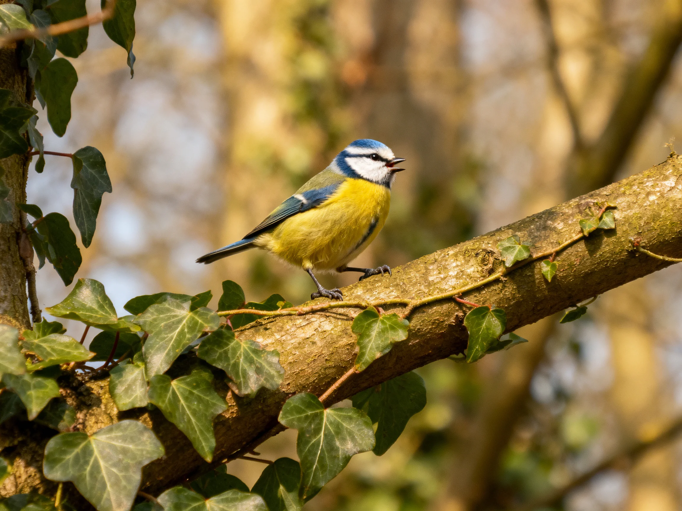 A blue-headed bird with yellow chest perches on an ivy-laden branch