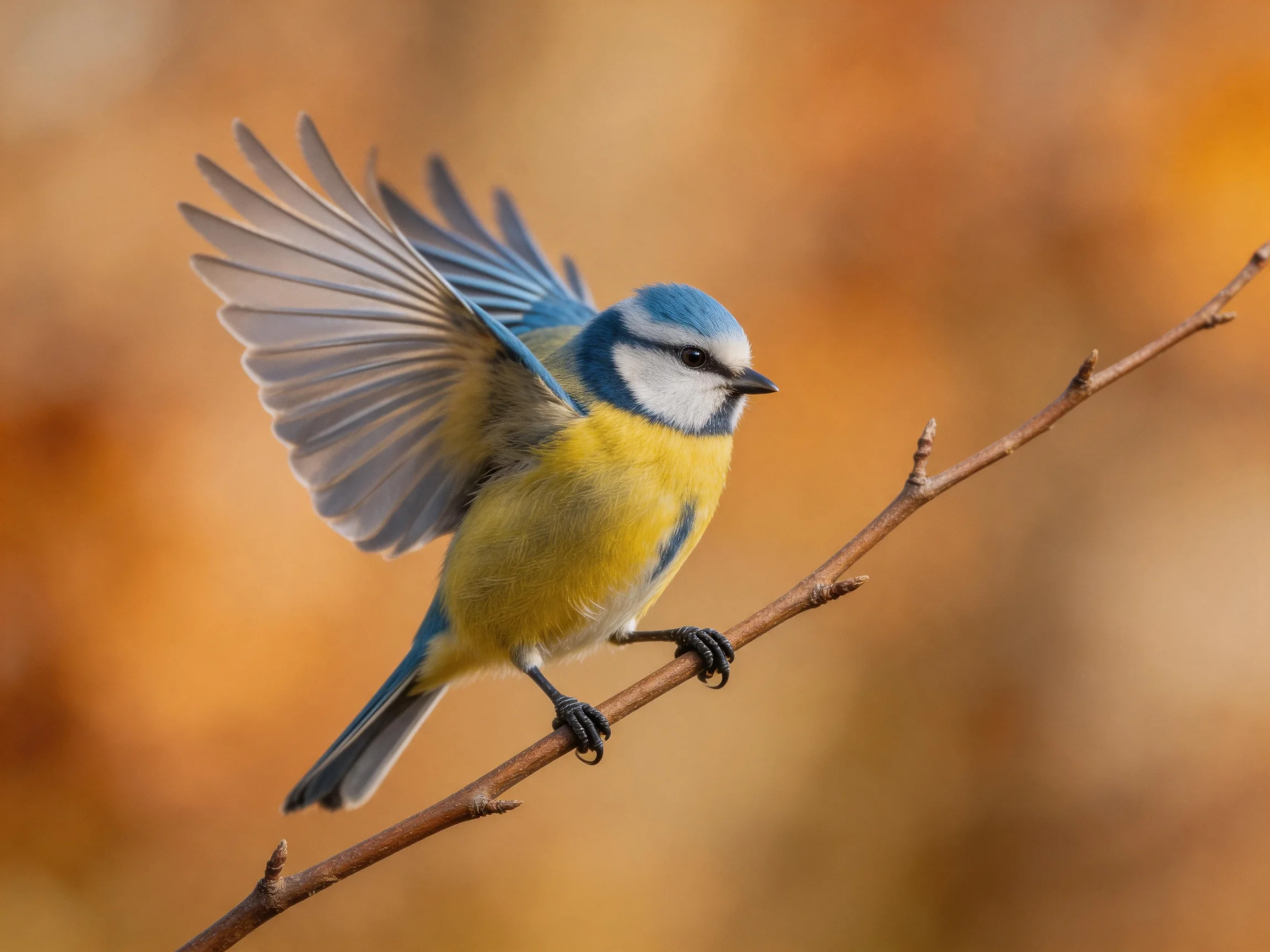 A blue-headed bird with yellow chest takes flight from a thin branch