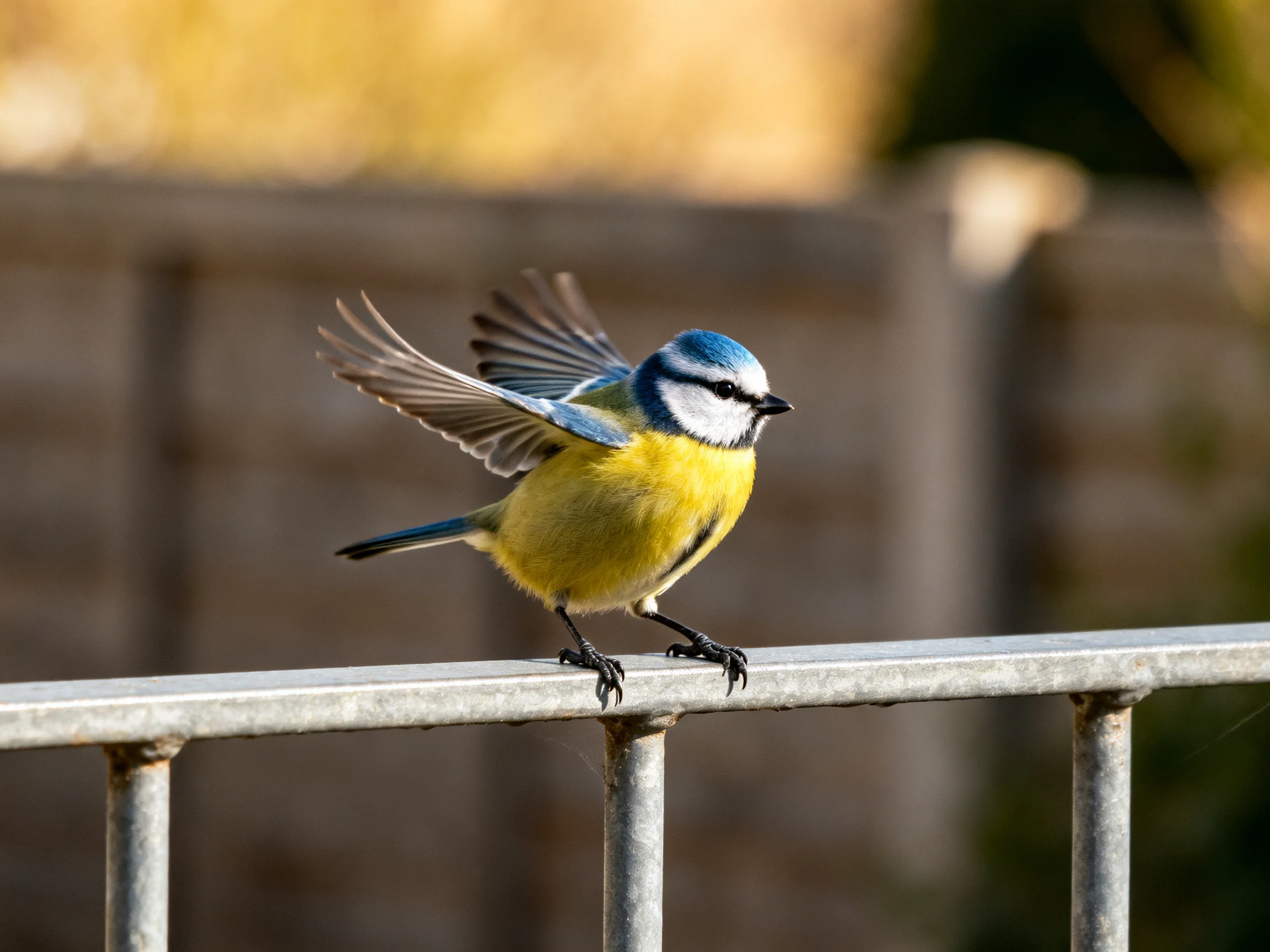 A blue-headed bird with yellow underparts lands on a metal railing