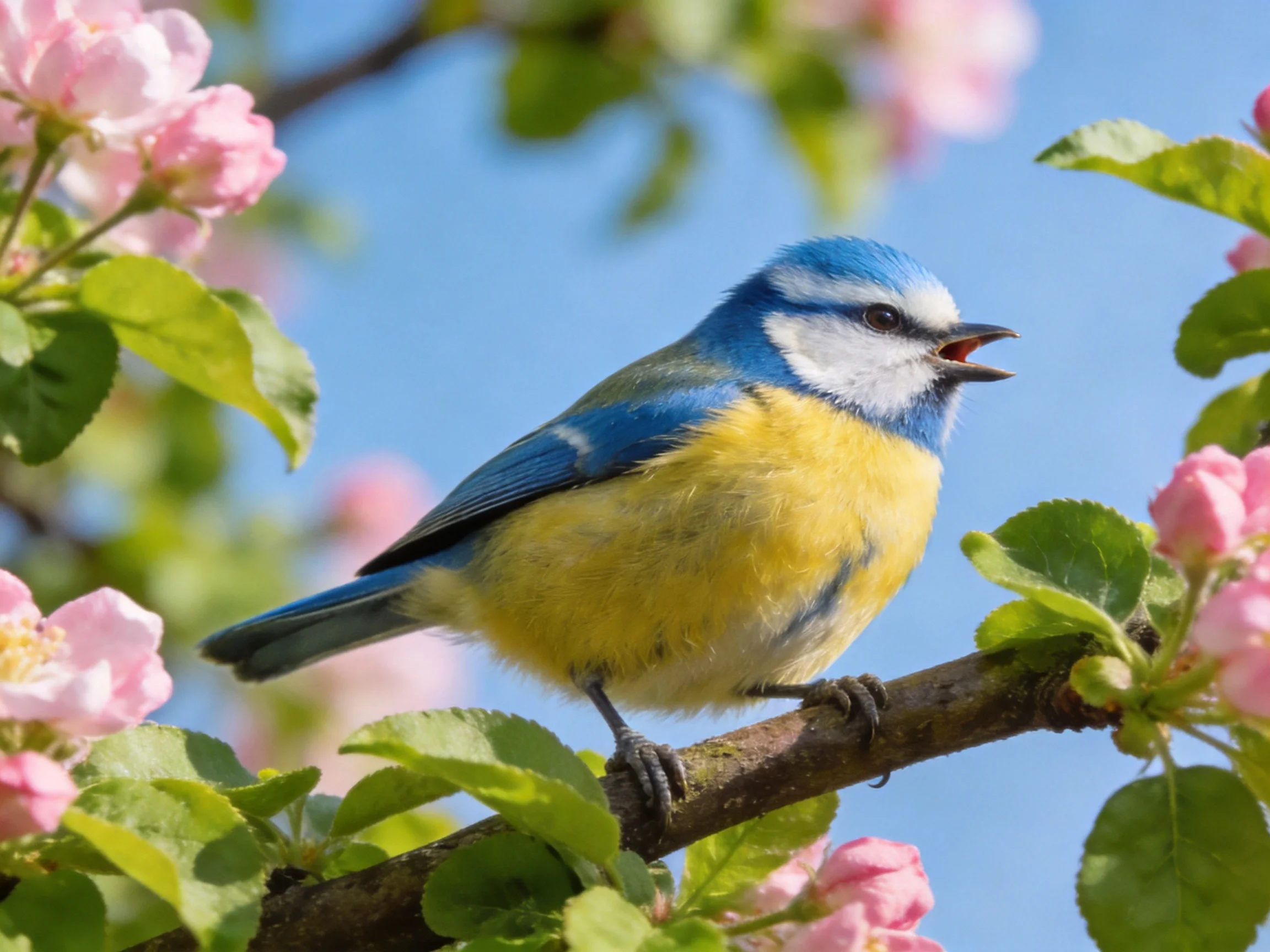 A blue-headed bird with yellow underparts on a flowering branch