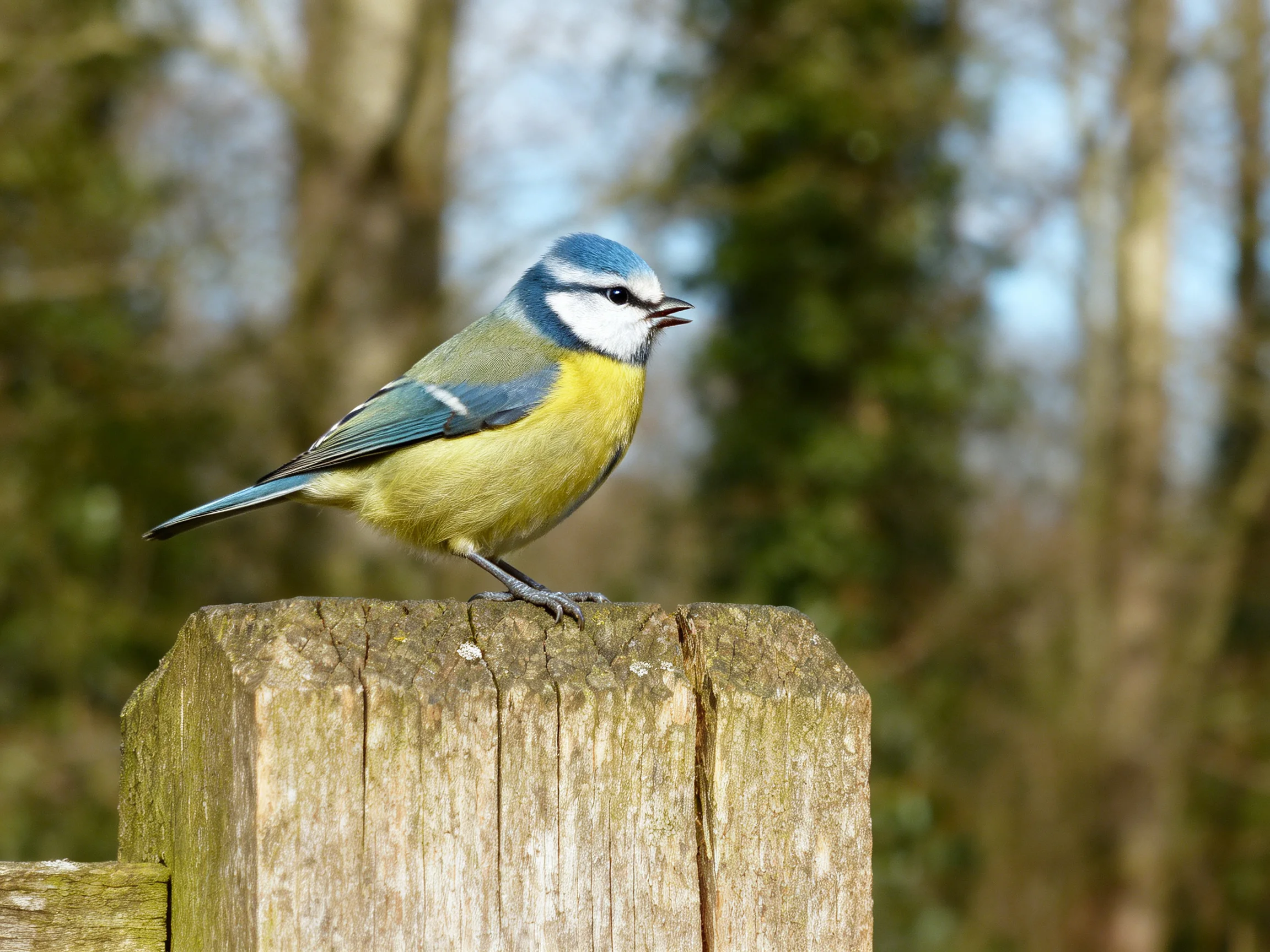 A blue-headed bird with yellow underparts perched on aged wood