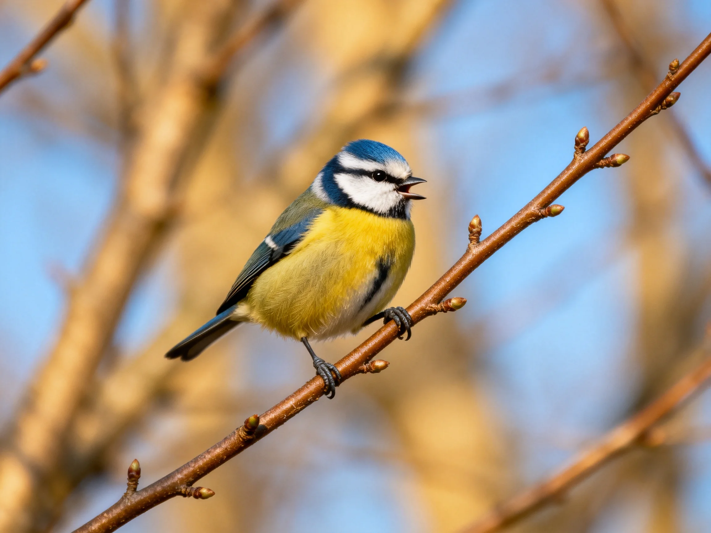 A blue-headed bird with yellow underparts perches on a brown branch