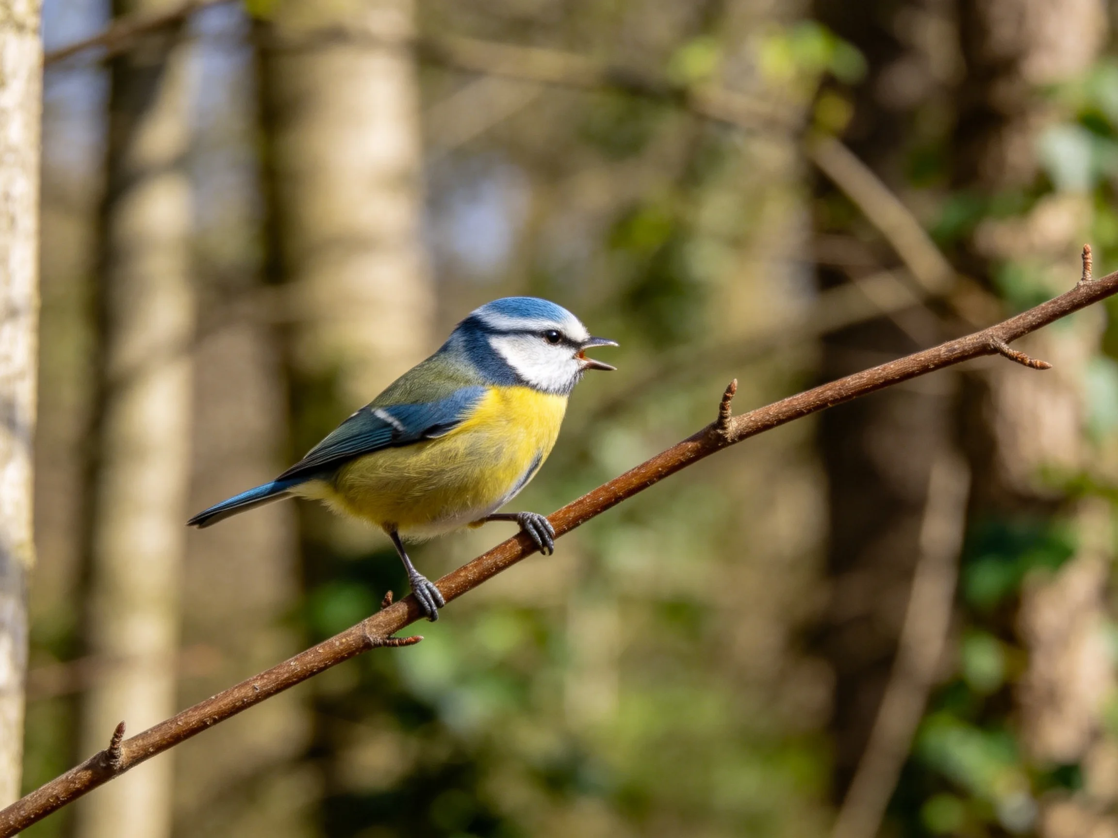 A blue-headed bird with yellow underparts perches on a brown branch