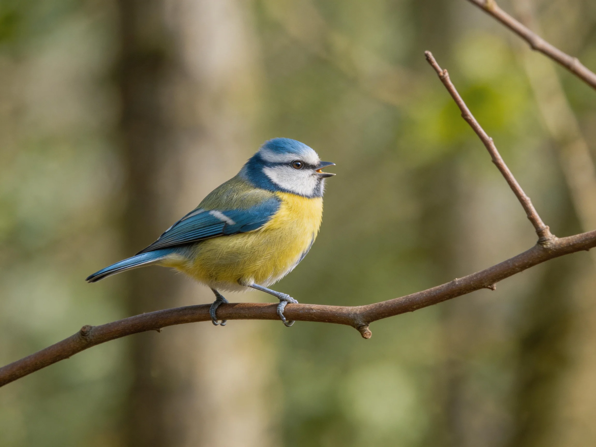 A blue-headed bird with yellow underparts perches on a brown branch