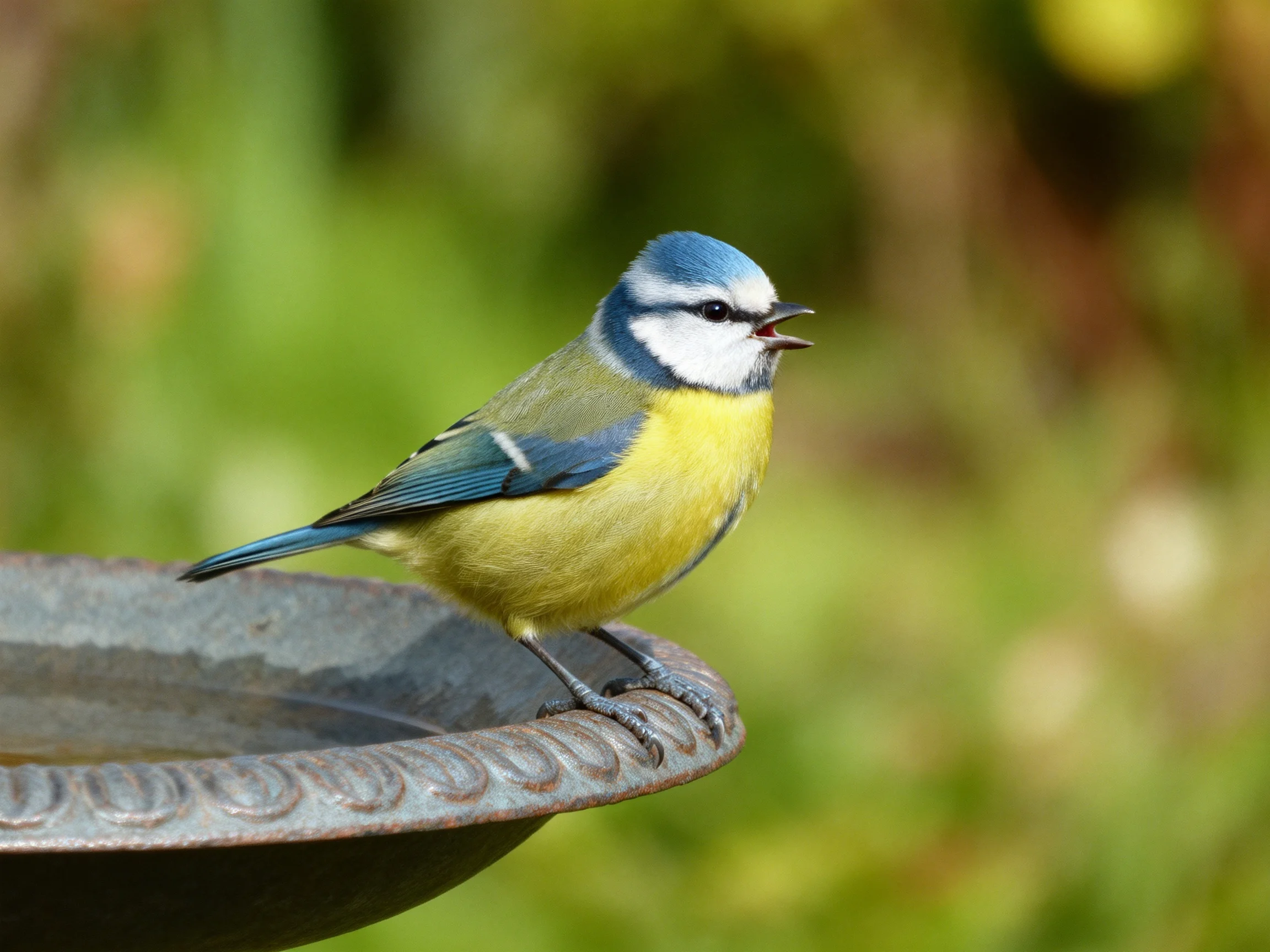 A blue-headed bird with yellow underparts perches on a metal birdbath