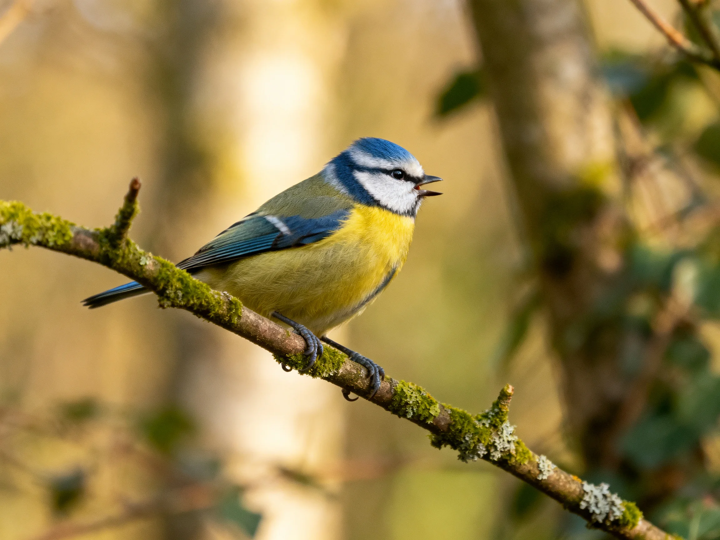 A blue-headed bird with yellow underparts perches on a mossy branch