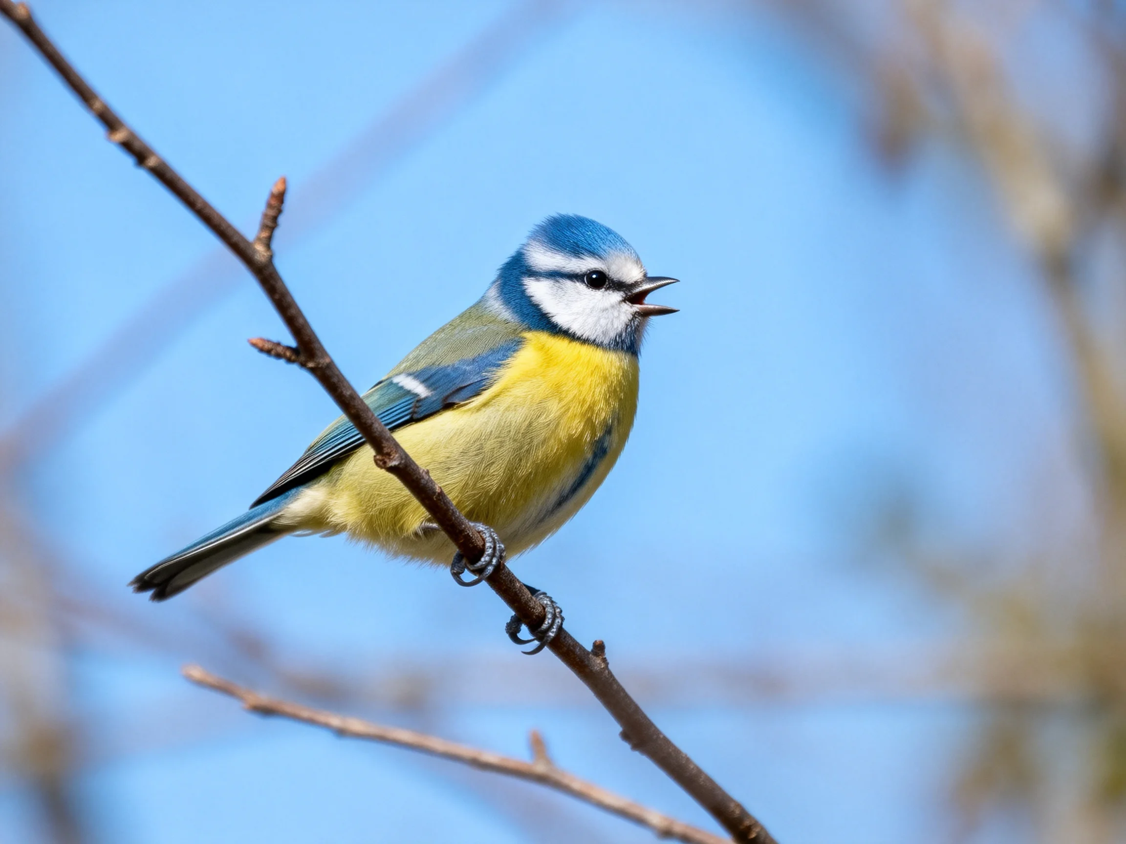 A blue-headed bird with yellow underparts perches on a thin branch