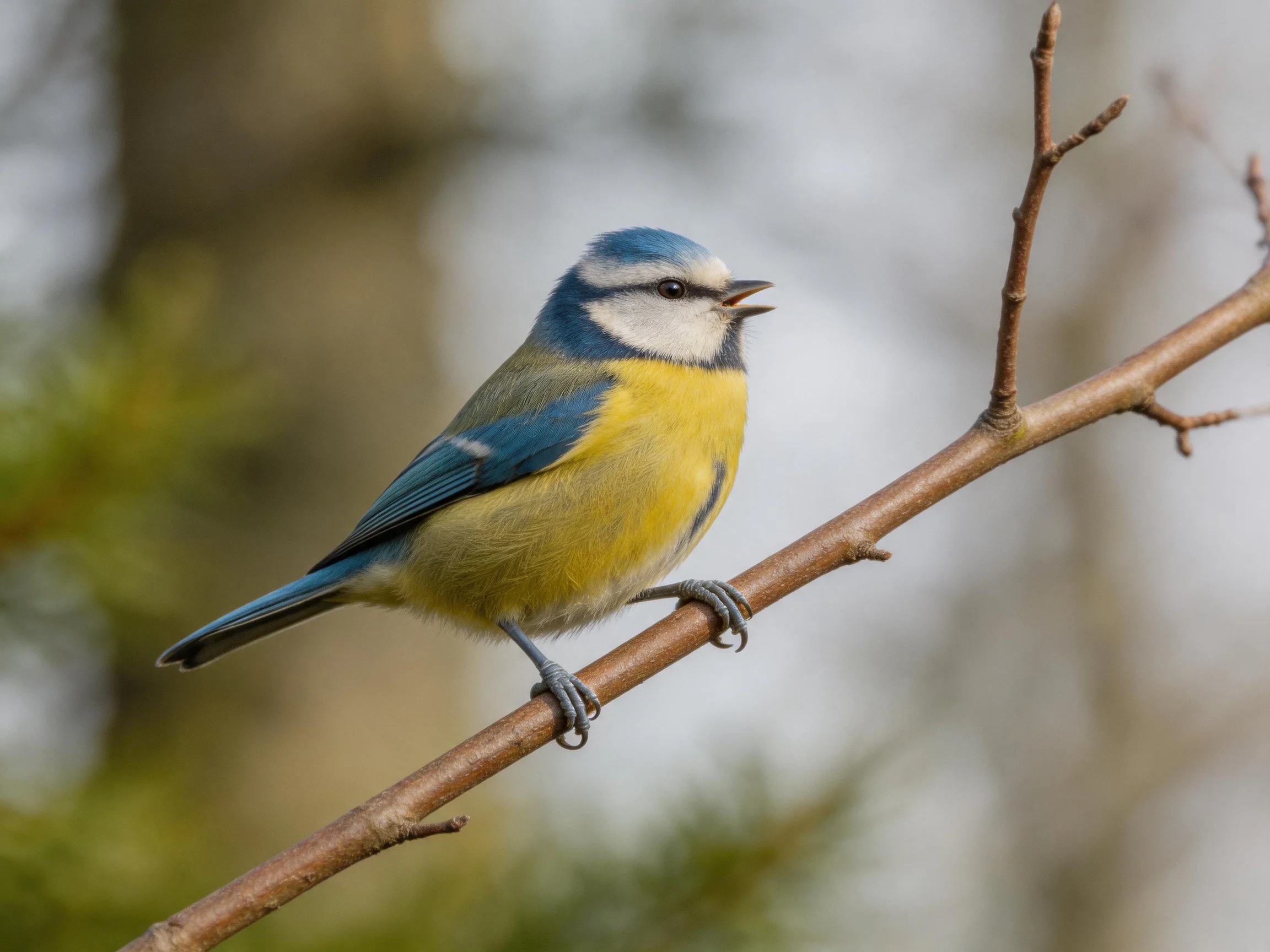 A blue-headed bird with yellow underparts perches on a thin brown branch