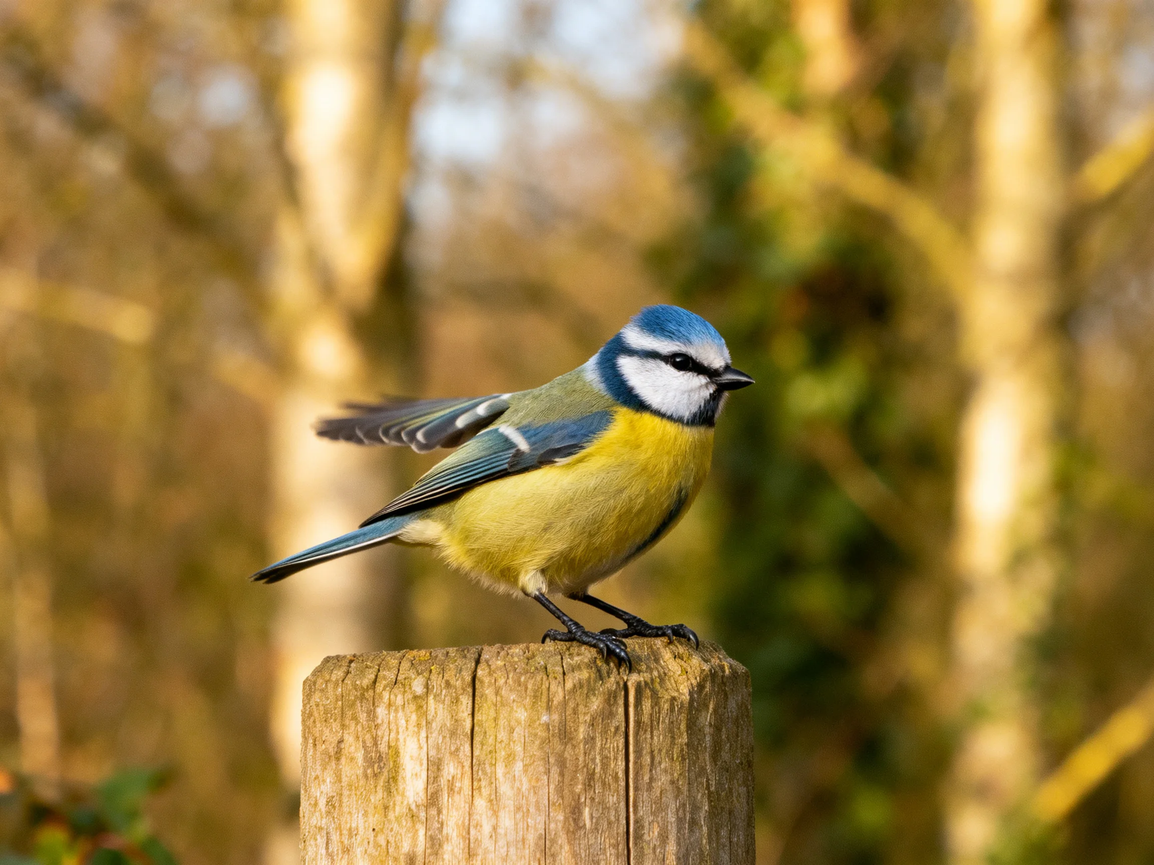 A blue-headed bird with yellow underparts perches on a wooden post in a wooded area