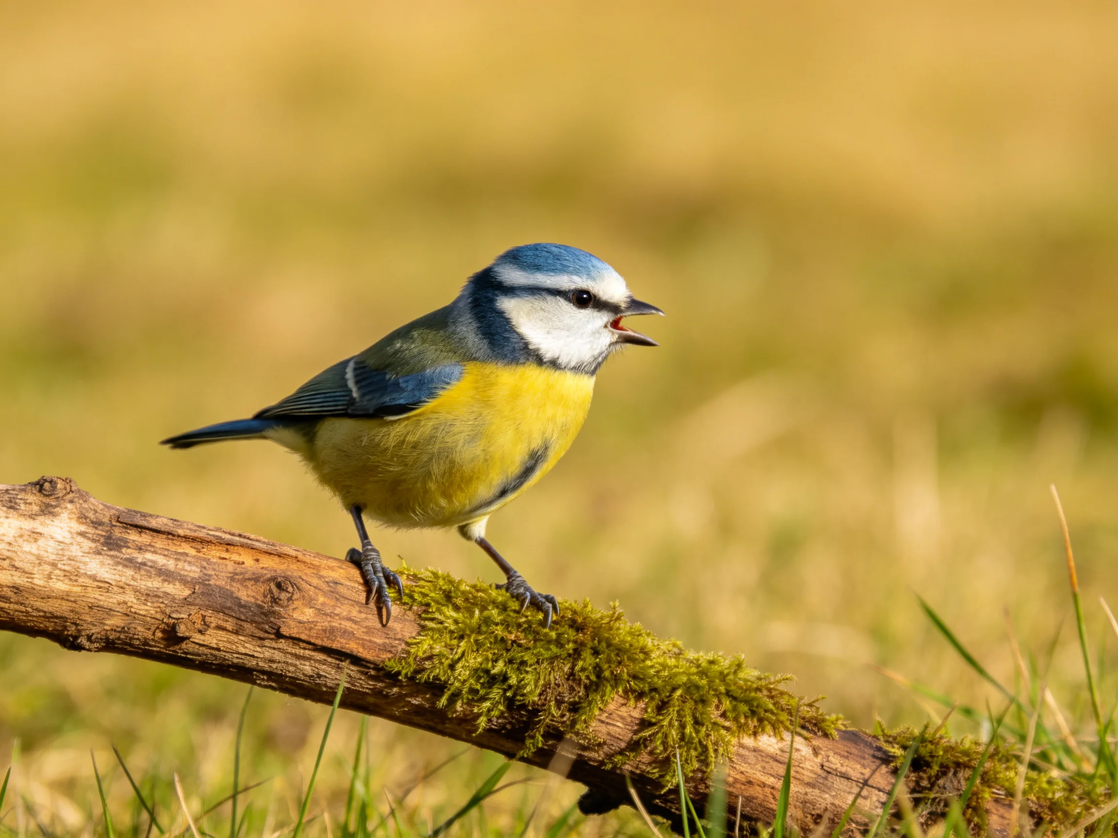 A small colorful bird rests on a mossy branch in nature