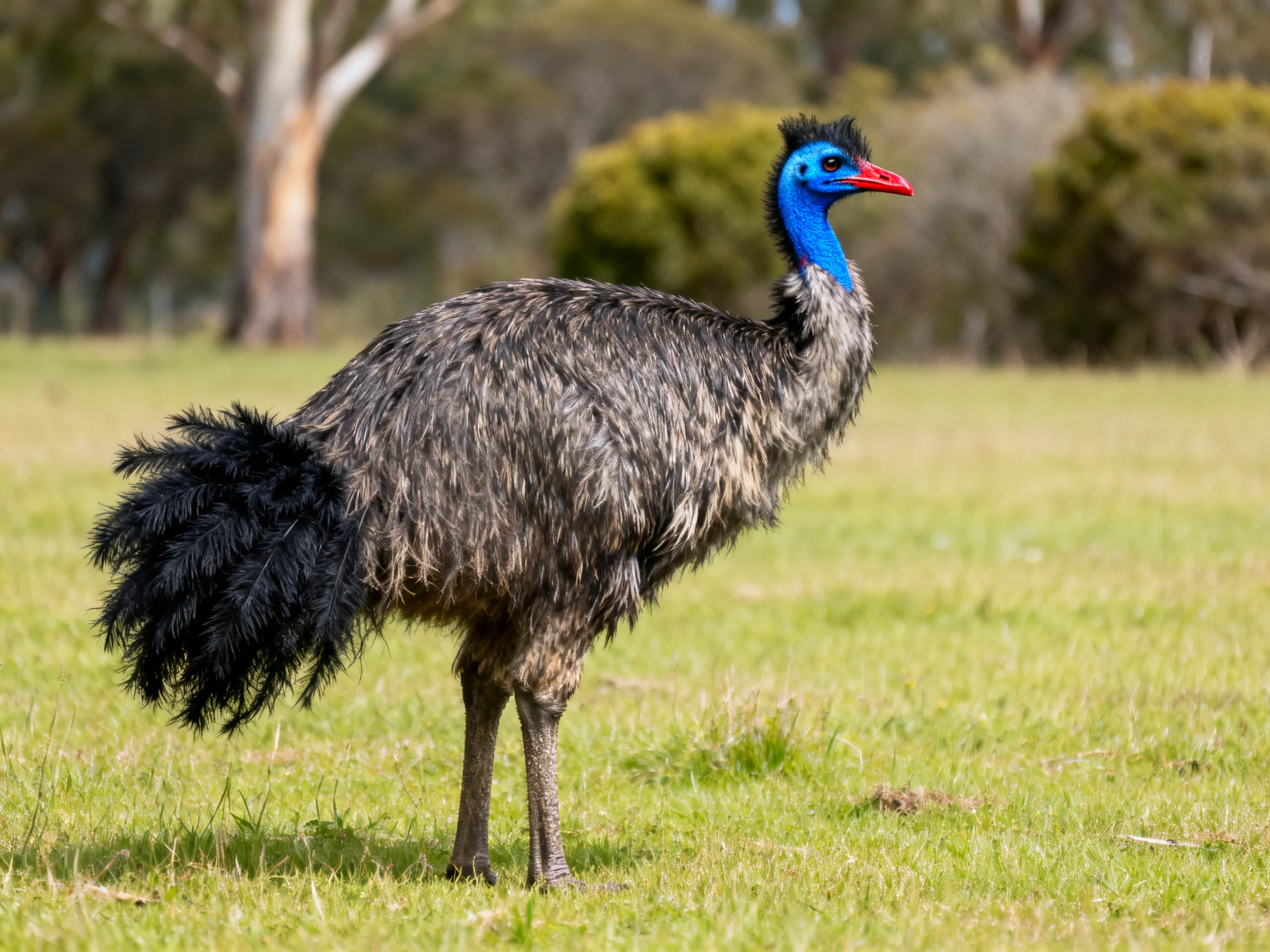A blue-headed cassowary stands in a sunlit grassy field