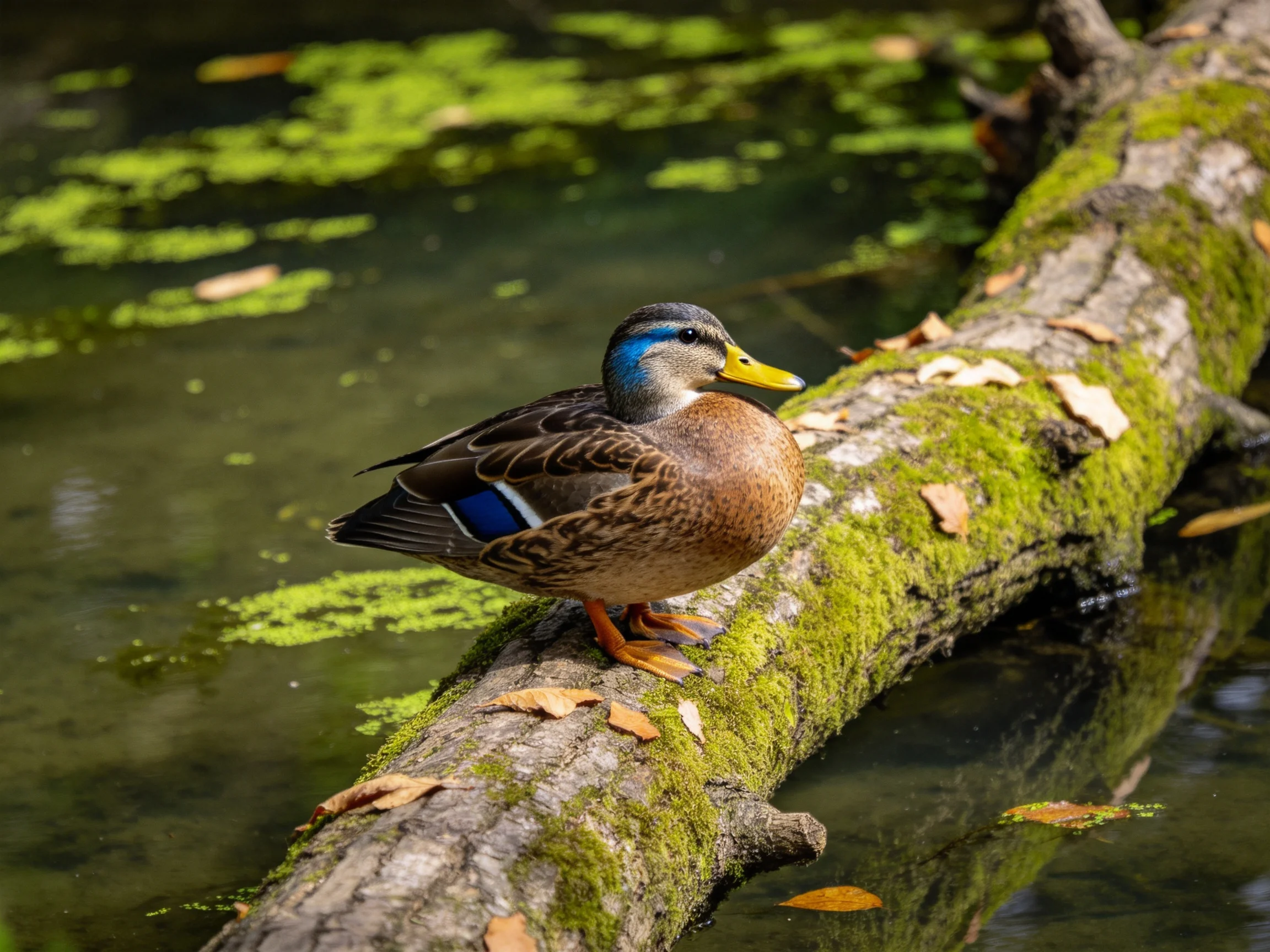 A blue-headed duck perches on a mossy log by algae-filled water
