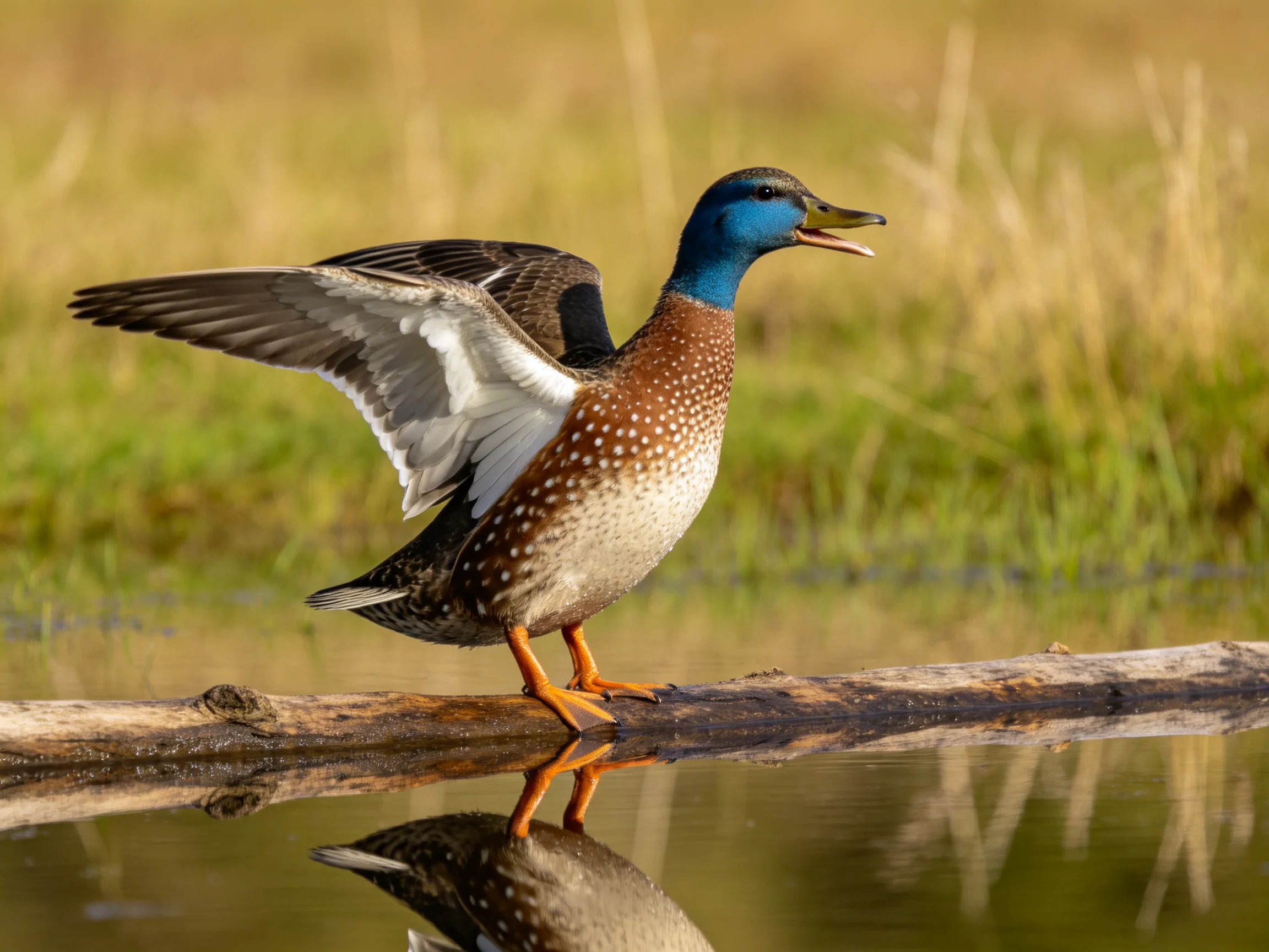 A blue-headed duck spreading wings on a wooden log by calm water