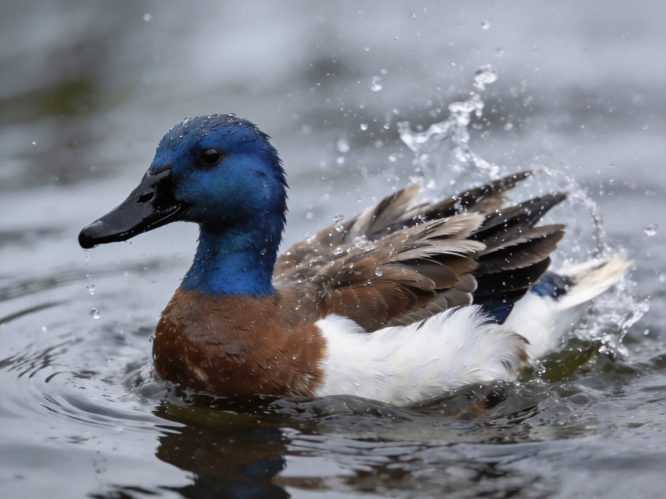 A blue-headed duck swims with water splashes, brown and white plumage