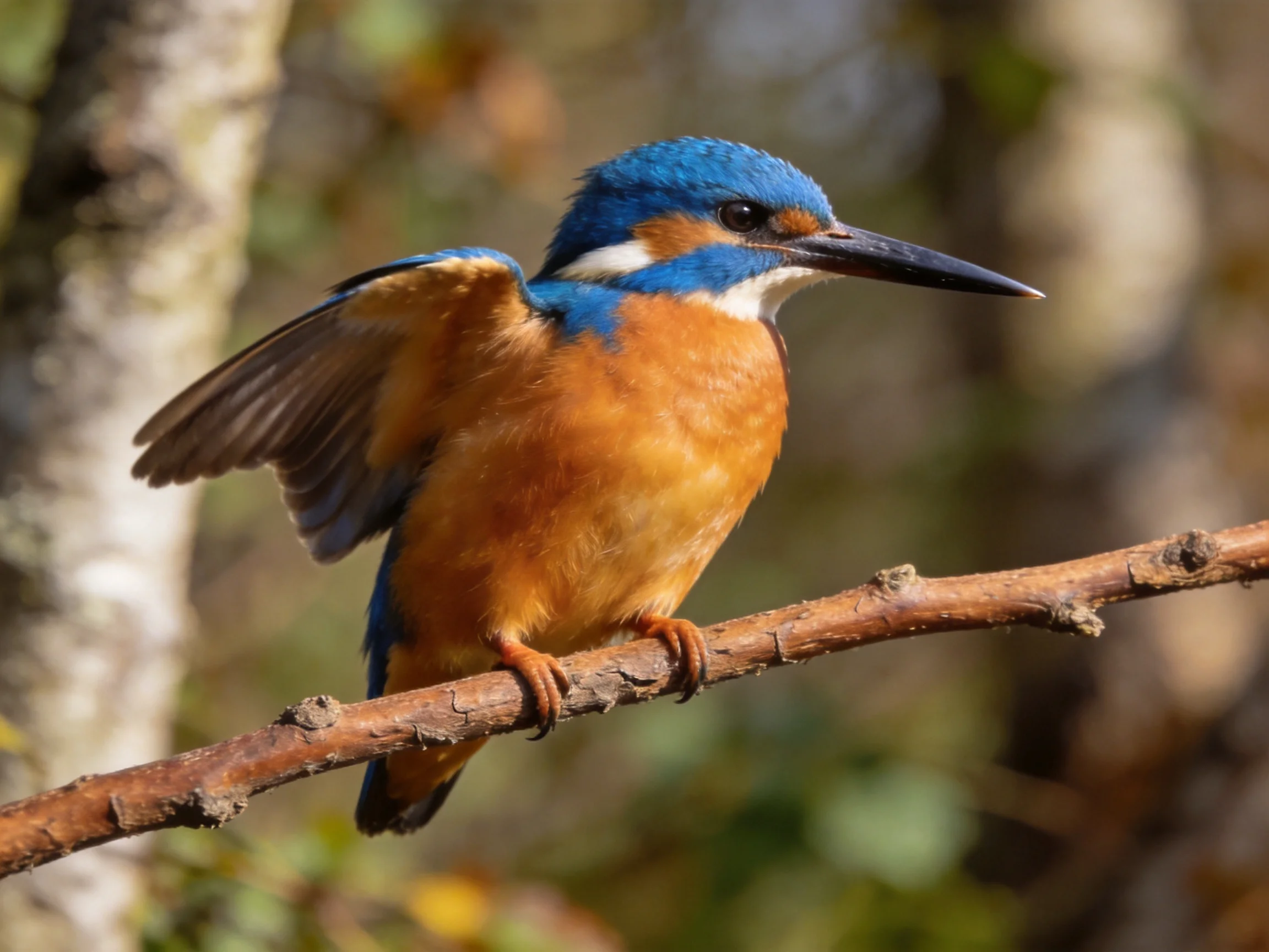 A blue-headed kingfisher with orange chest perches on a brown branch