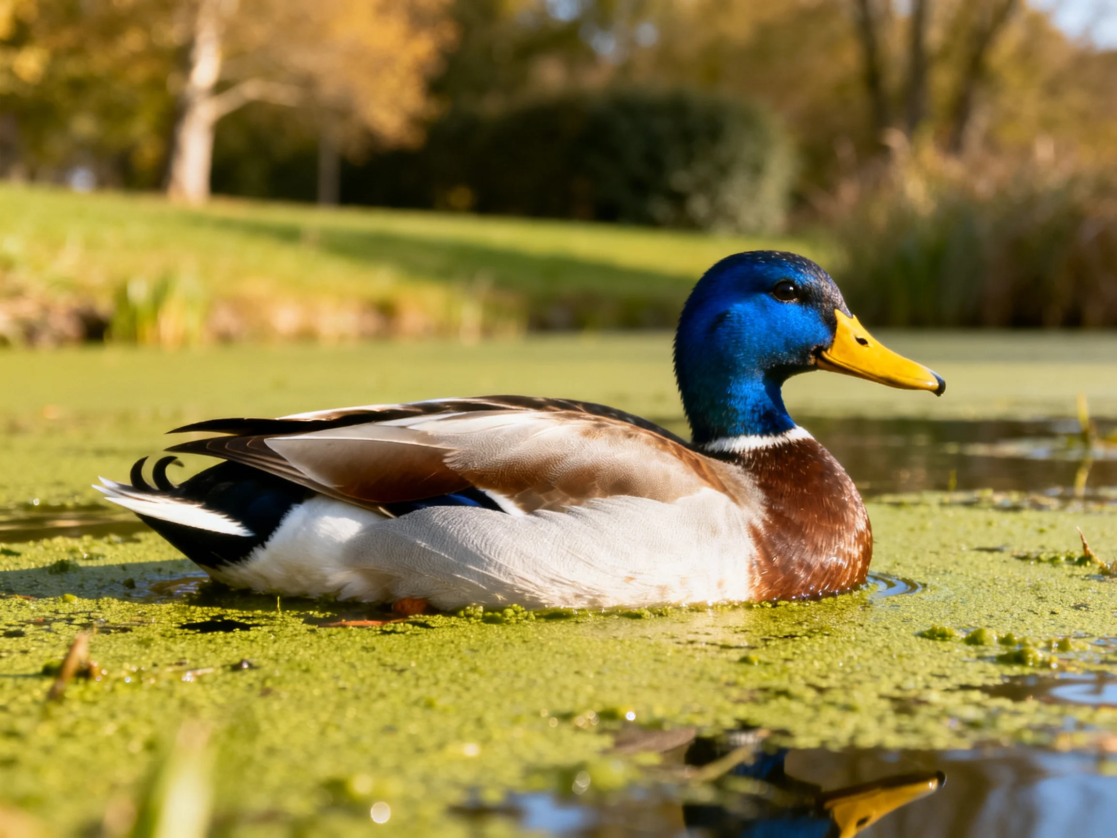 A blue-headed mallard duck swims in algae-filled pond