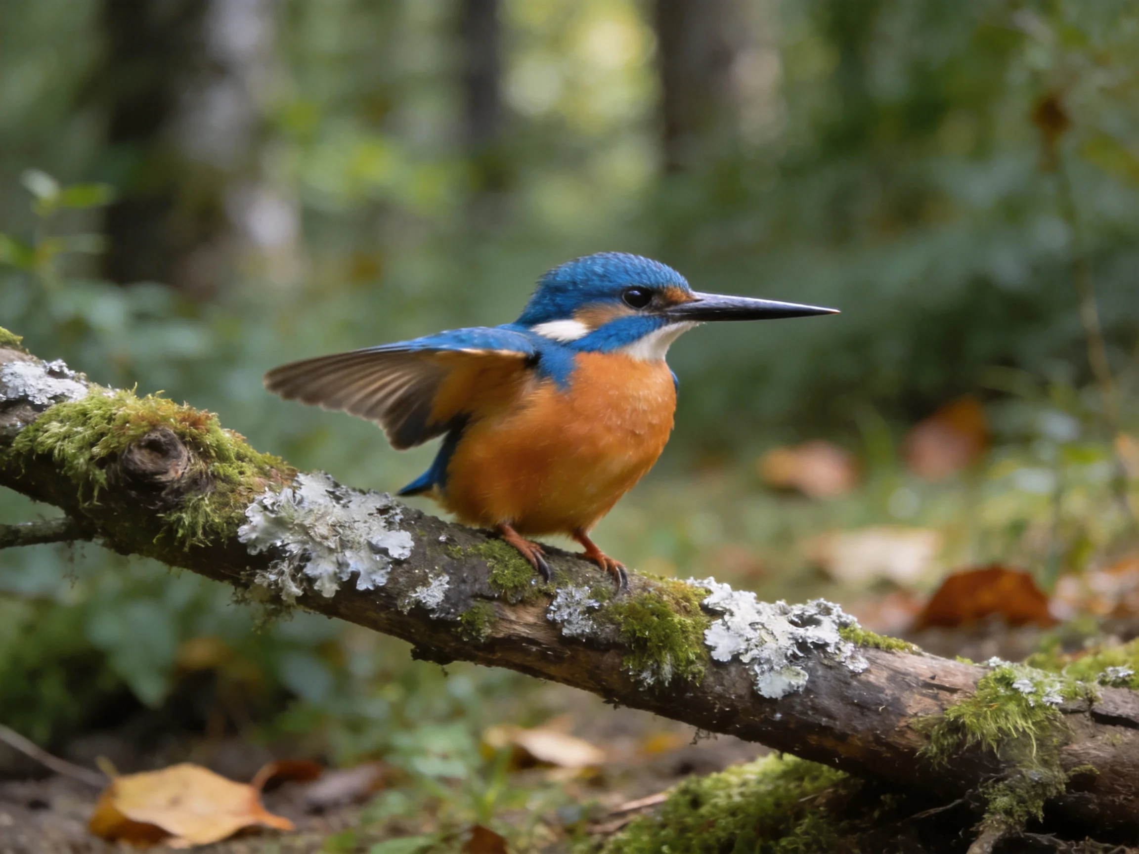 A blue-headed orange-bellied bird perches on a mossy lichen-covered branch
