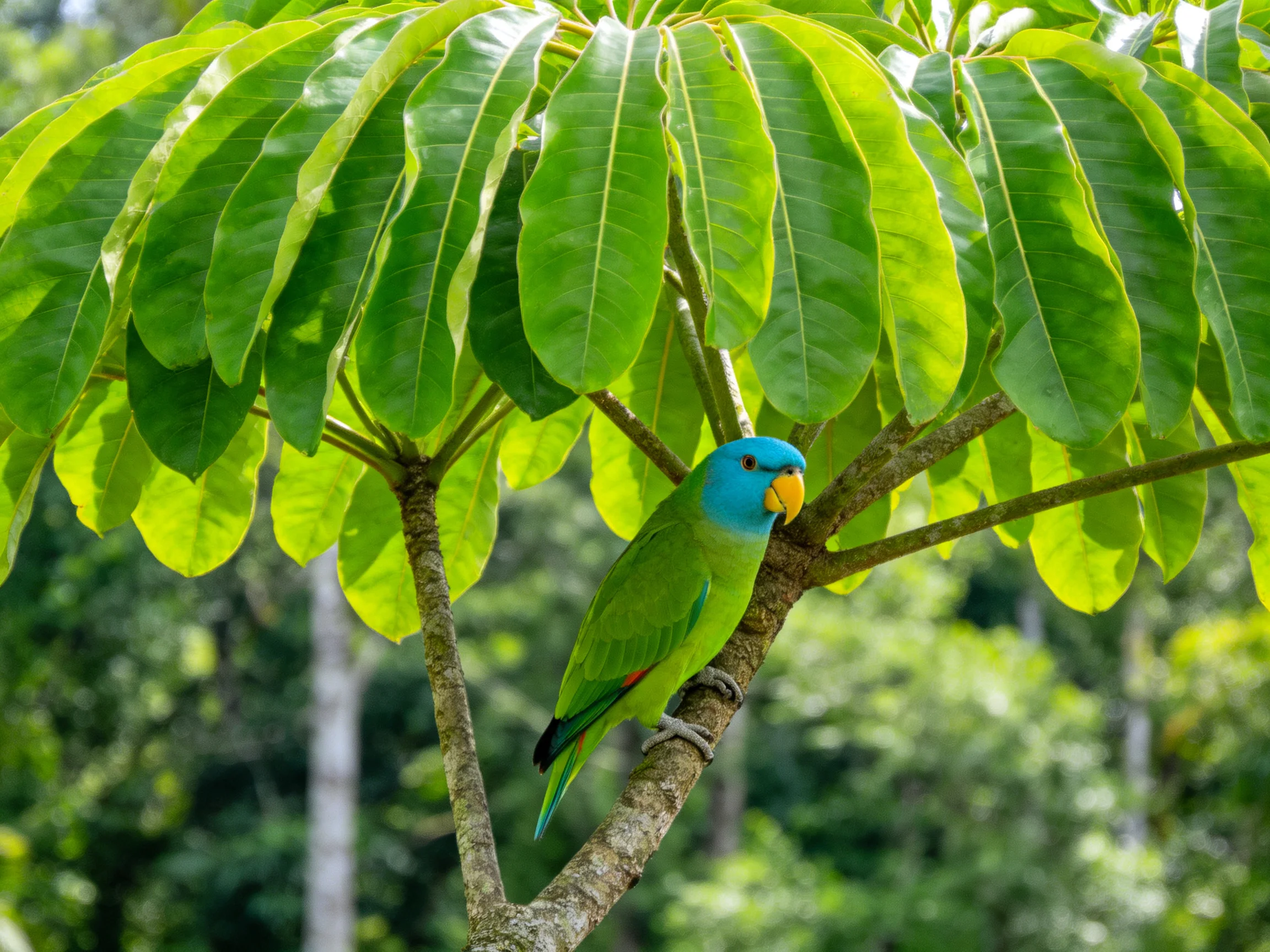 A blue-headed parrot perches on a tree with broad green leaves