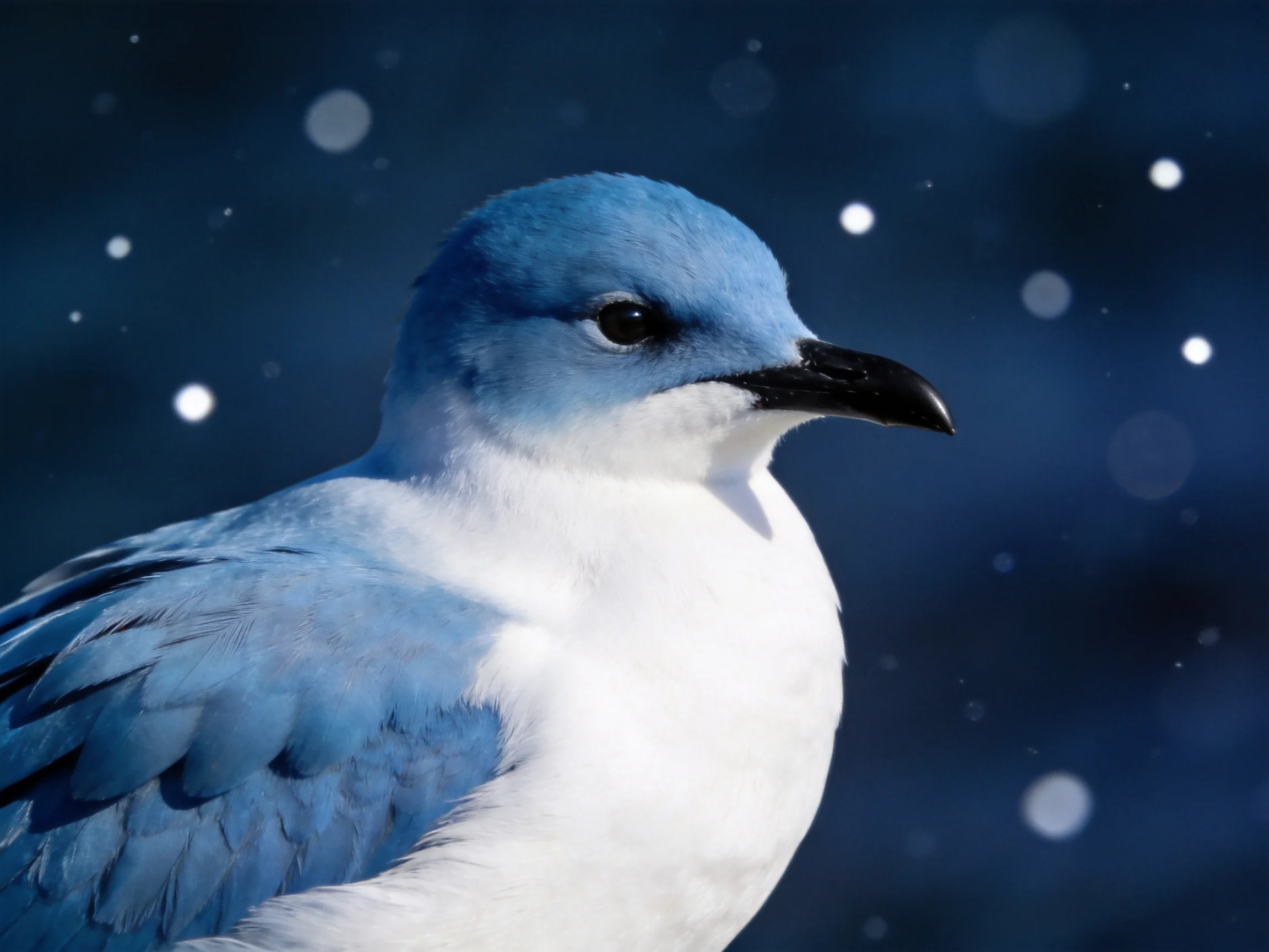 A blue-headed seabird with white underparts on dark blue bokeh background