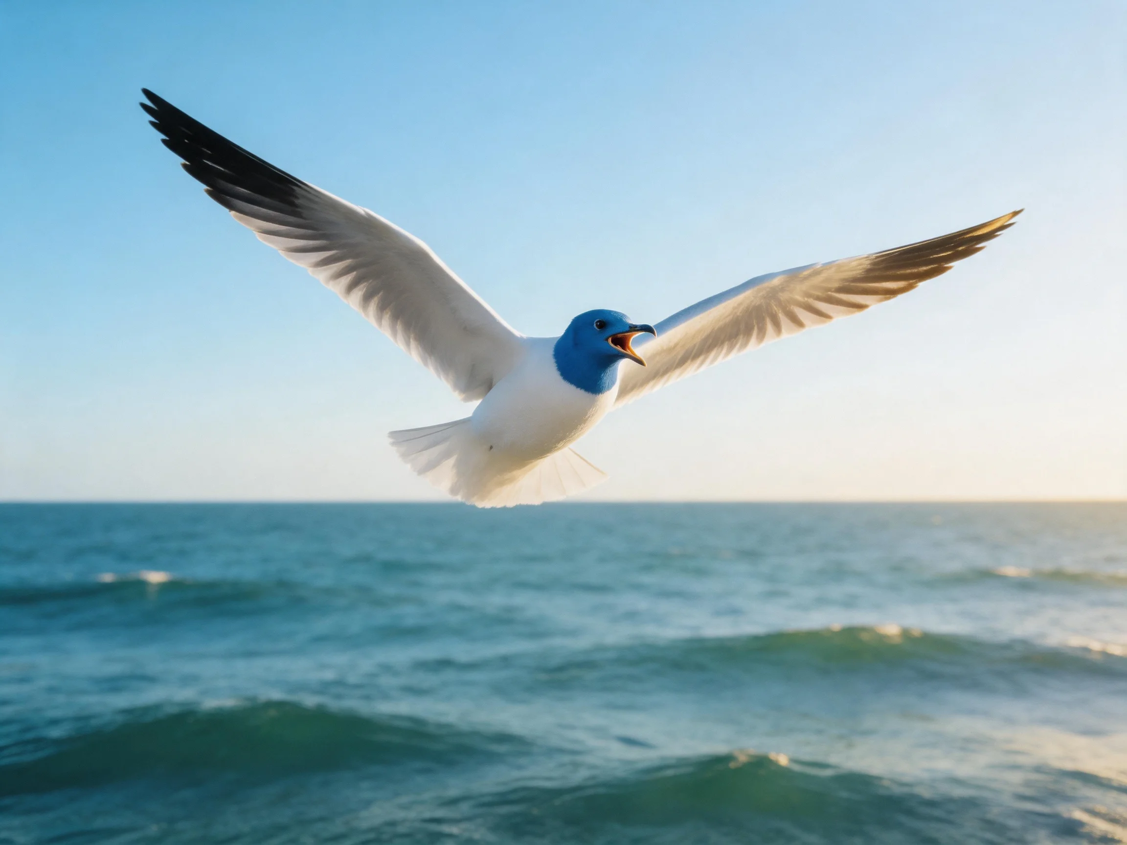 A blue-headed seagull flies over calm ocean waters
