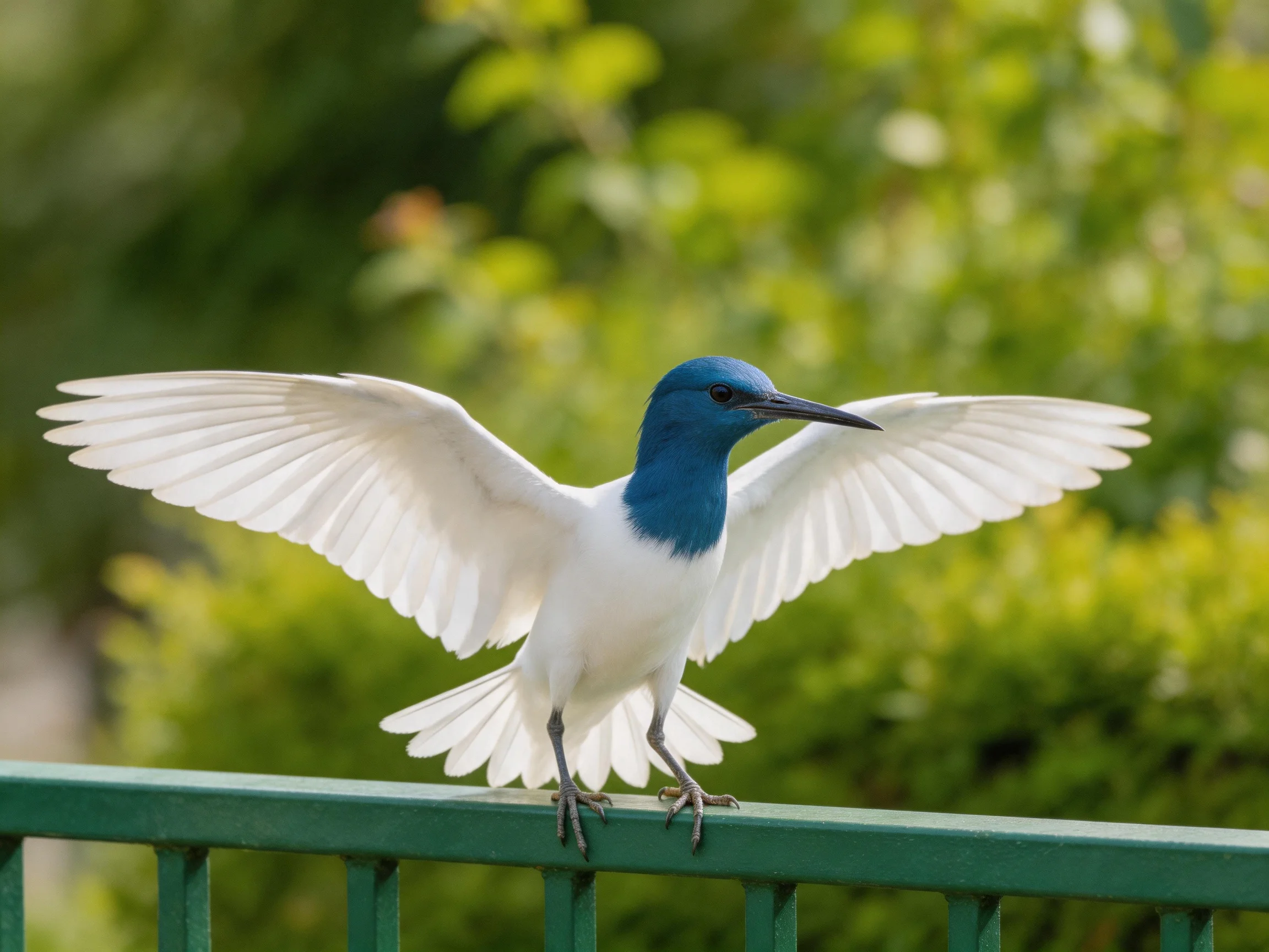 A blue-headed white bird spreads wings on a green fence