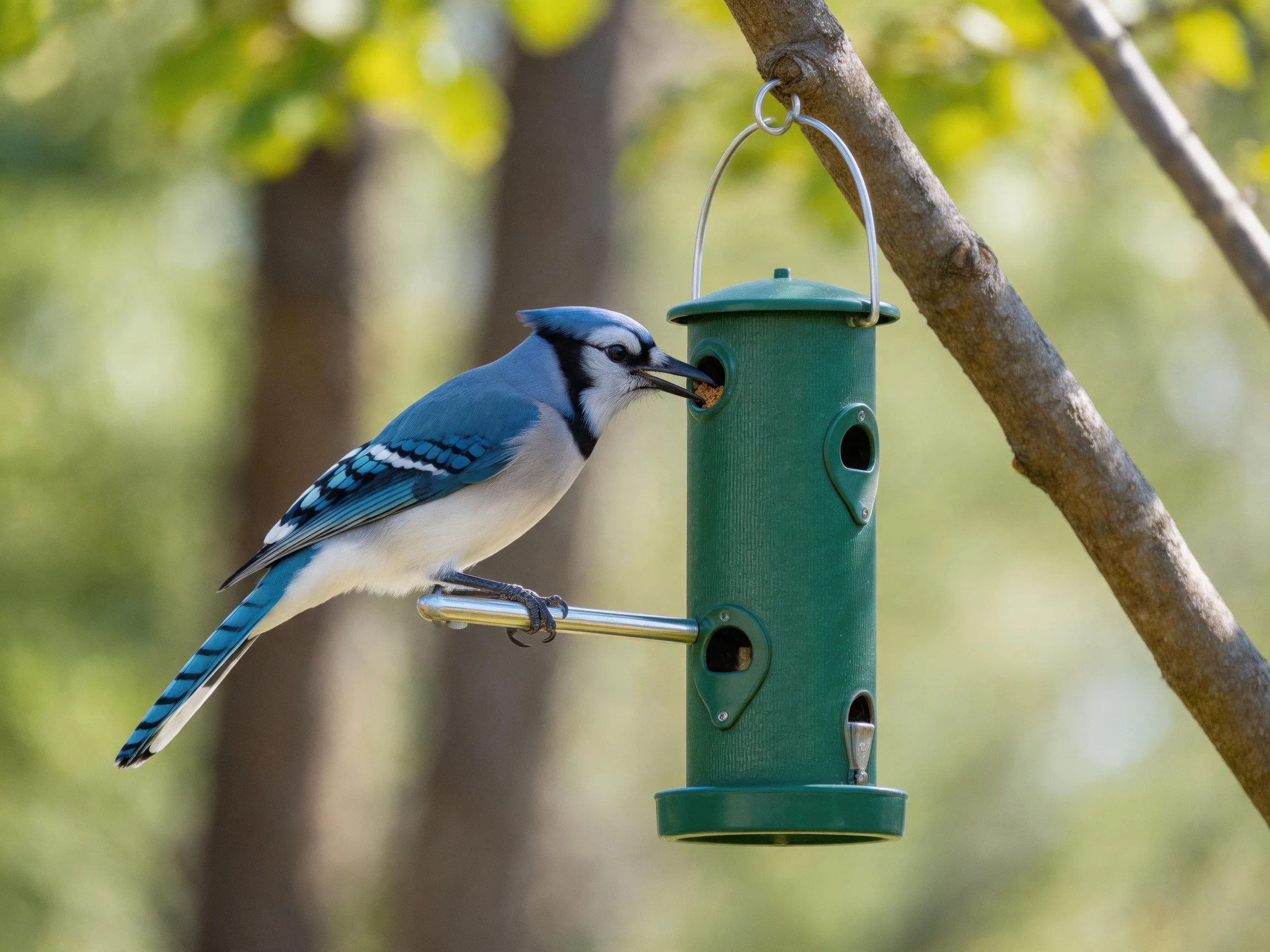 A blue jay feeding from a green bird feeder attached to a tree