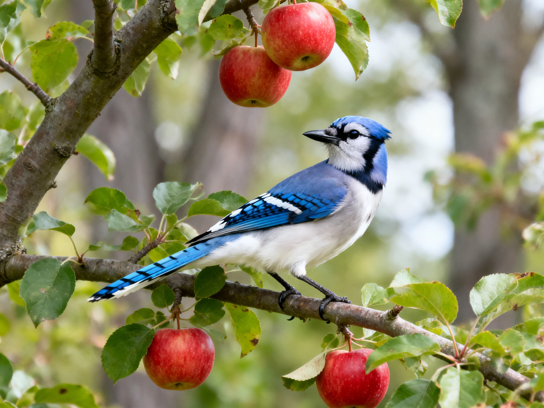 A blue jay rests beside red apples on a treebranch in nature.